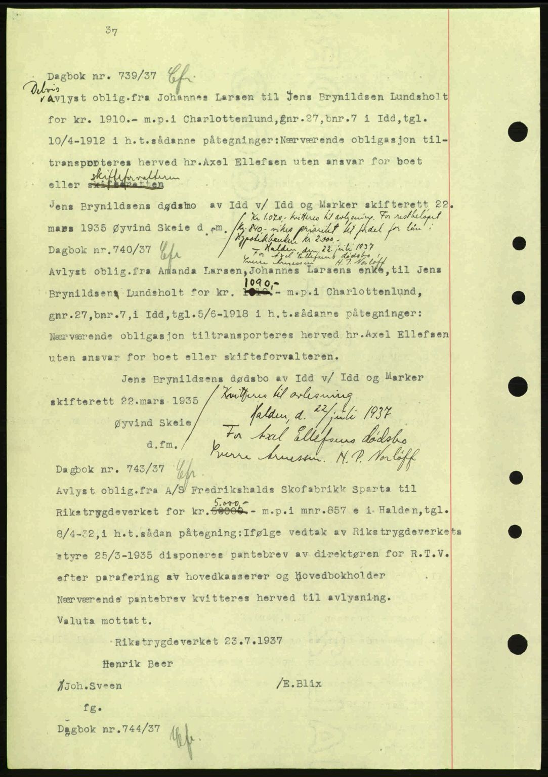Idd og Marker sorenskriveri, AV/SAO-A-10283/G/Gb/Gbc/L0001: Mortgage book no. B1-3, 1936-1939, Diary no: : 739/1937