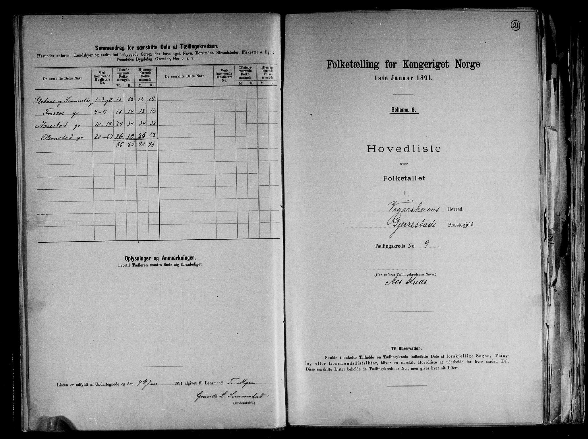 RA, 1891 census for 0912 Vegårshei, 1891, p. 21