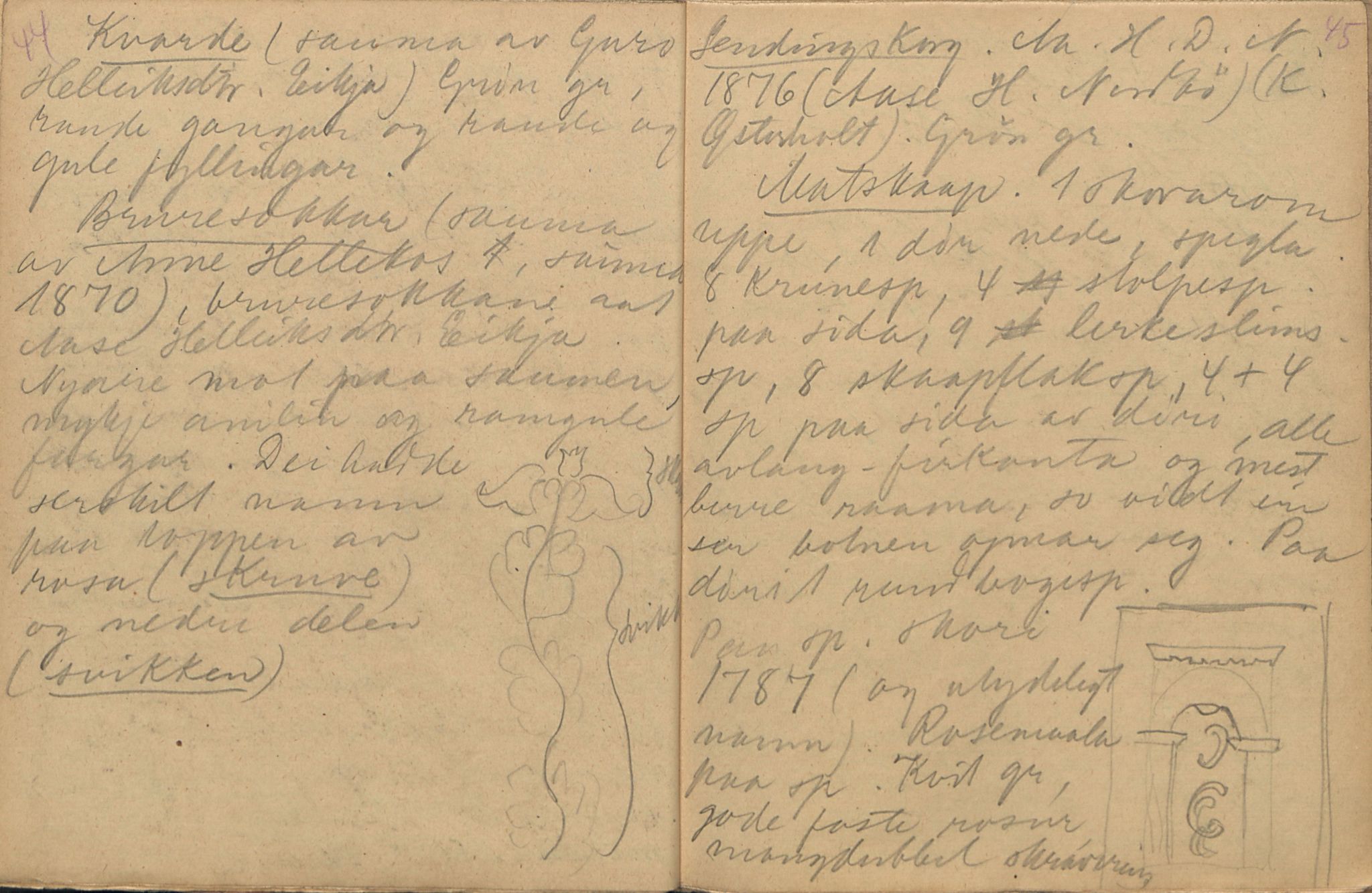 Rikard Berge, TEMU/TGM-A-1003/F/L0004/0032: 101-159 / 135 Tegninger av ymse innbu, ymse stader. Ymse saum og samuarar., 1907, p. 44-45