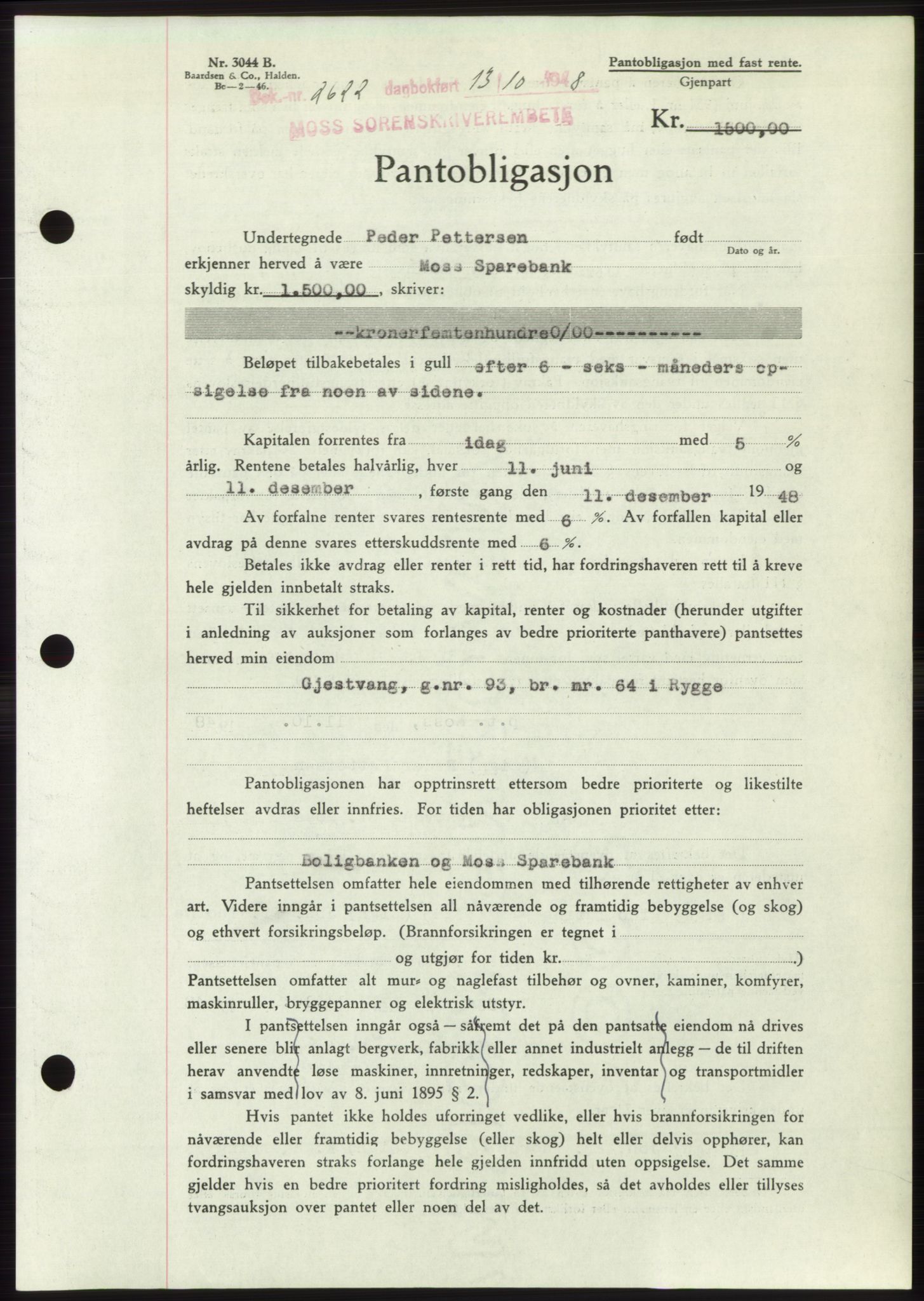 Moss sorenskriveri, AV/SAO-A-10168: Mortgage book no. B20, 1948-1948, Diary no: : 2622/1948