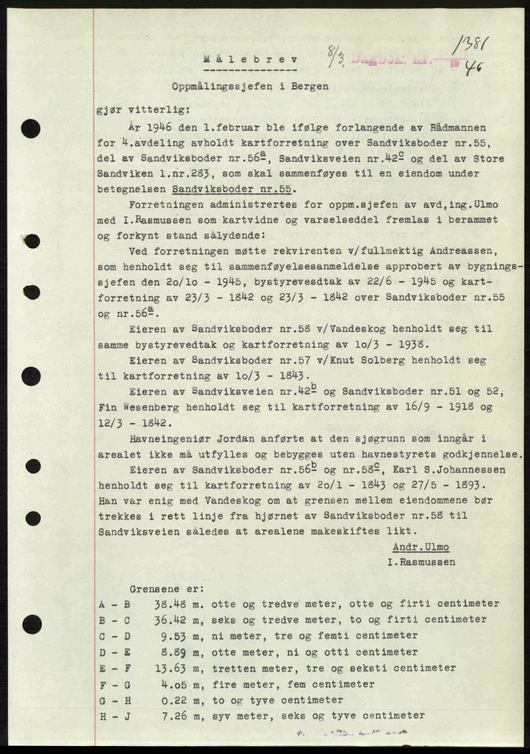 Byfogd og Byskriver i Bergen, SAB/A-3401/03/03Bc/L0022: Mortgage book no. A18, 1946-1946, Diary no: : 1381/1946