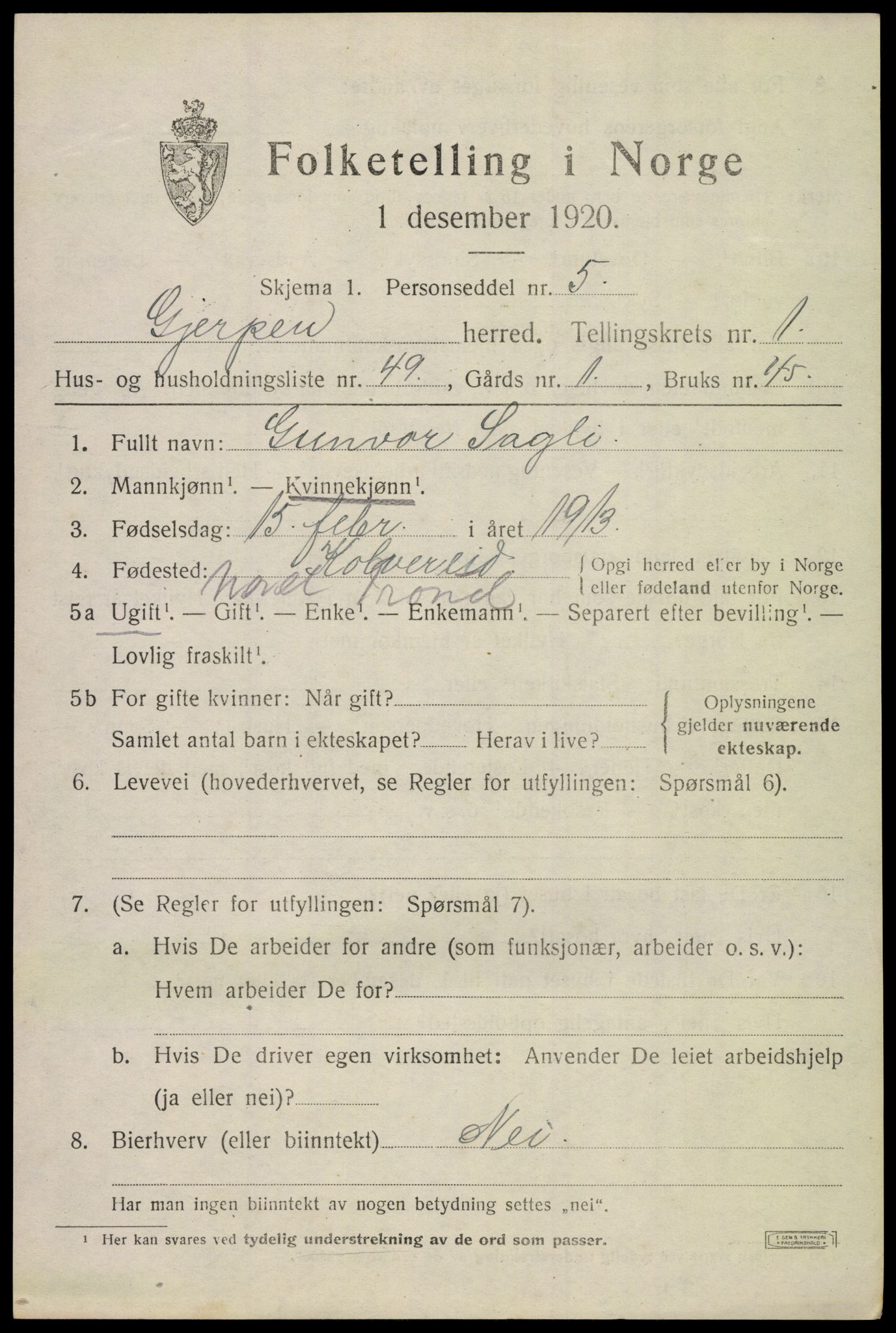 SAKO, 1920 census for Gjerpen, 1920, p. 3236