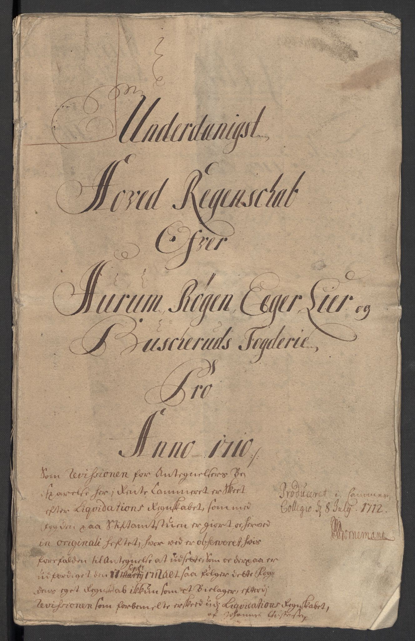 Rentekammeret inntil 1814, Reviderte regnskaper, Fogderegnskap, RA/EA-4092/R31/L1704: Fogderegnskap Hurum, Røyken, Eiker, Lier og Buskerud, 1710, p. 3