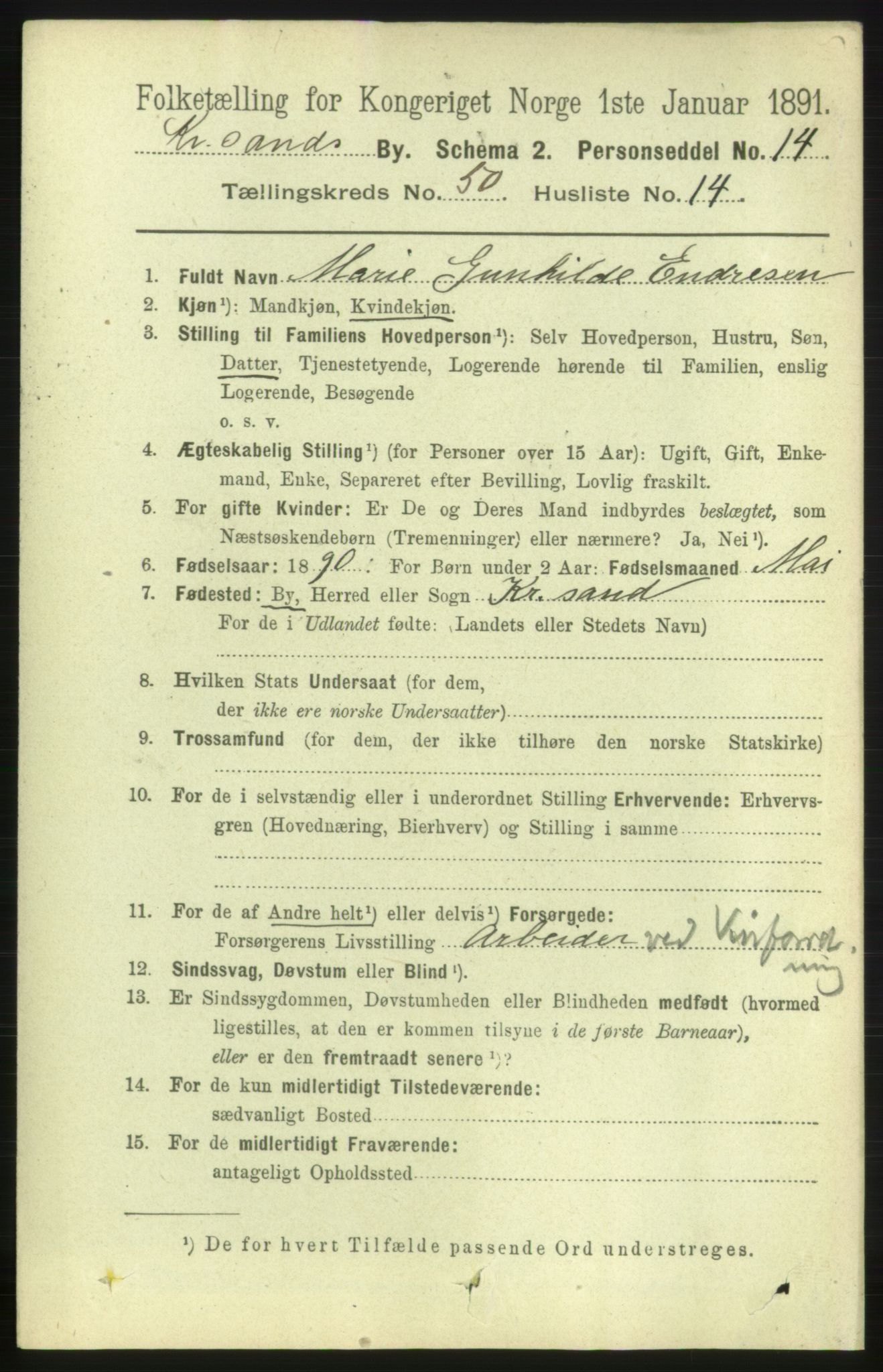 RA, 1891 census for 1001 Kristiansand, 1891, p. 15035