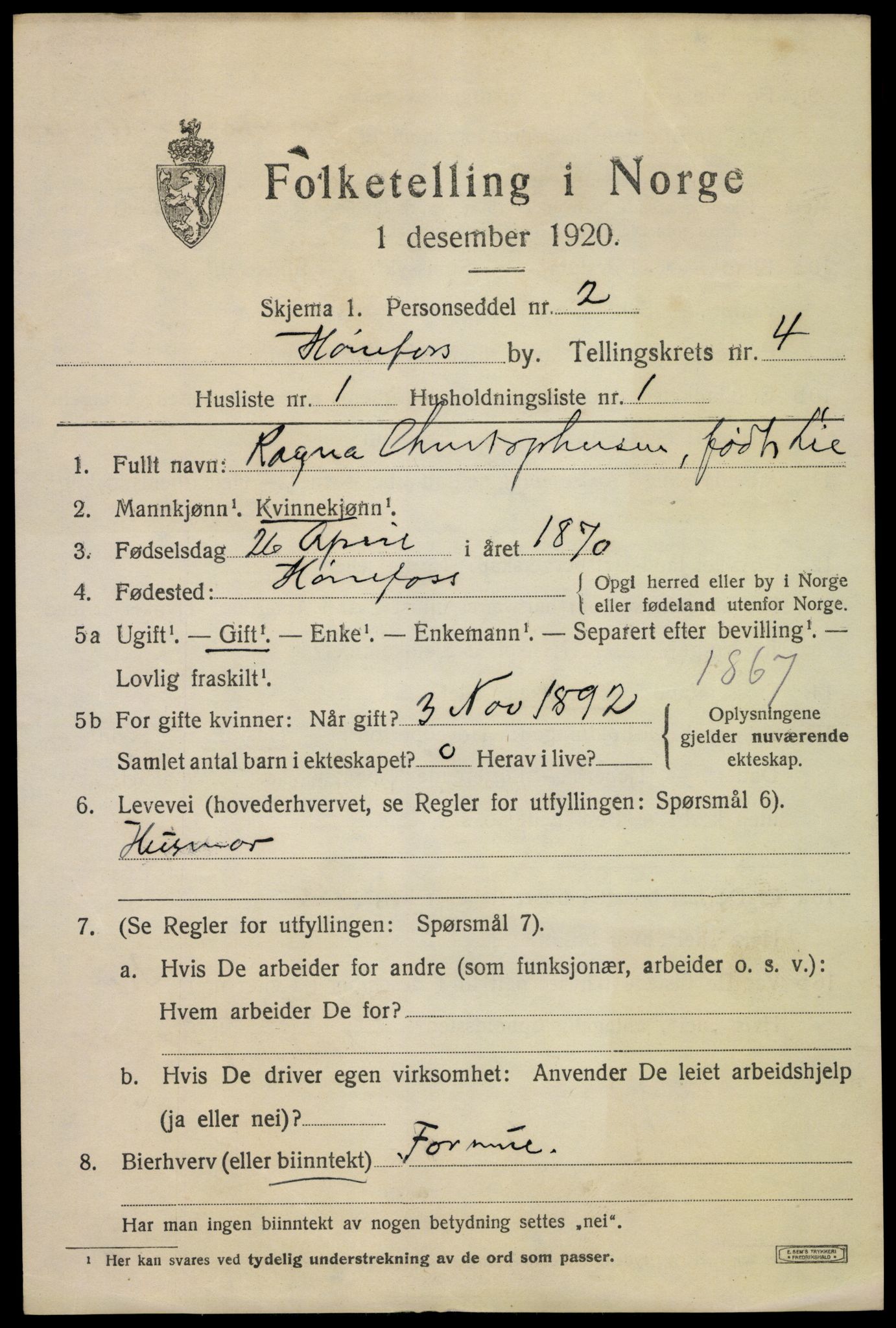 SAKO, 1920 census for Hønefoss, 1920, p. 5956