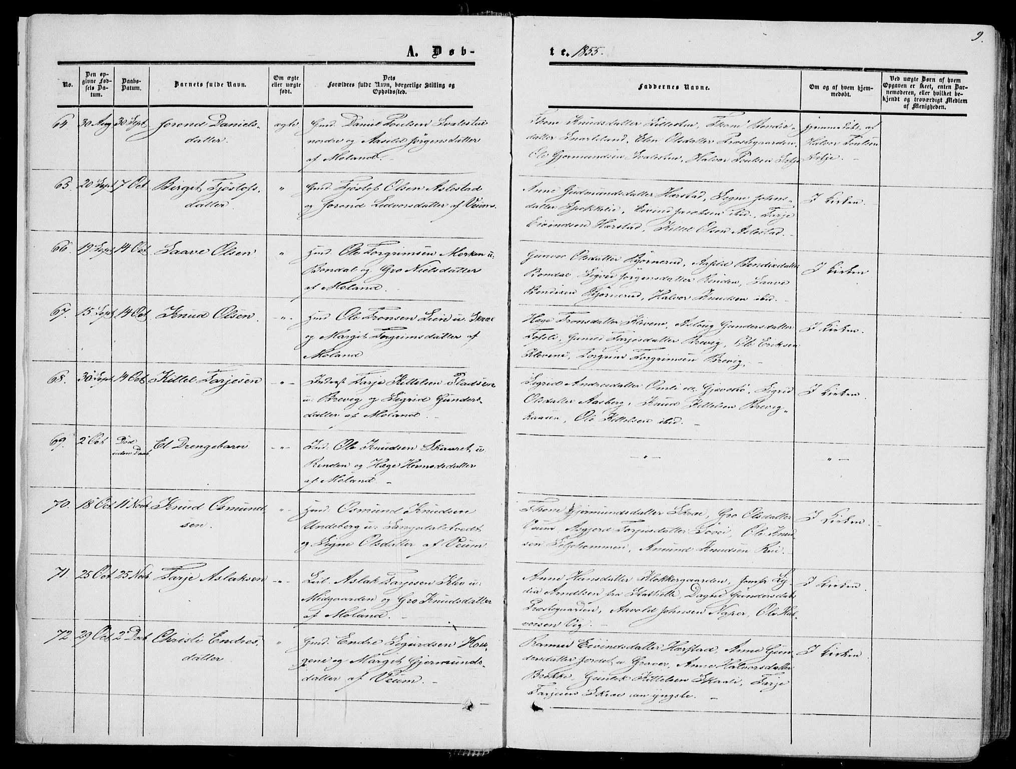 Fyresdal kirkebøker, SAKO/A-263/F/Fa/L0005: Parish register (official) no. I 5, 1855-1871, p. 9