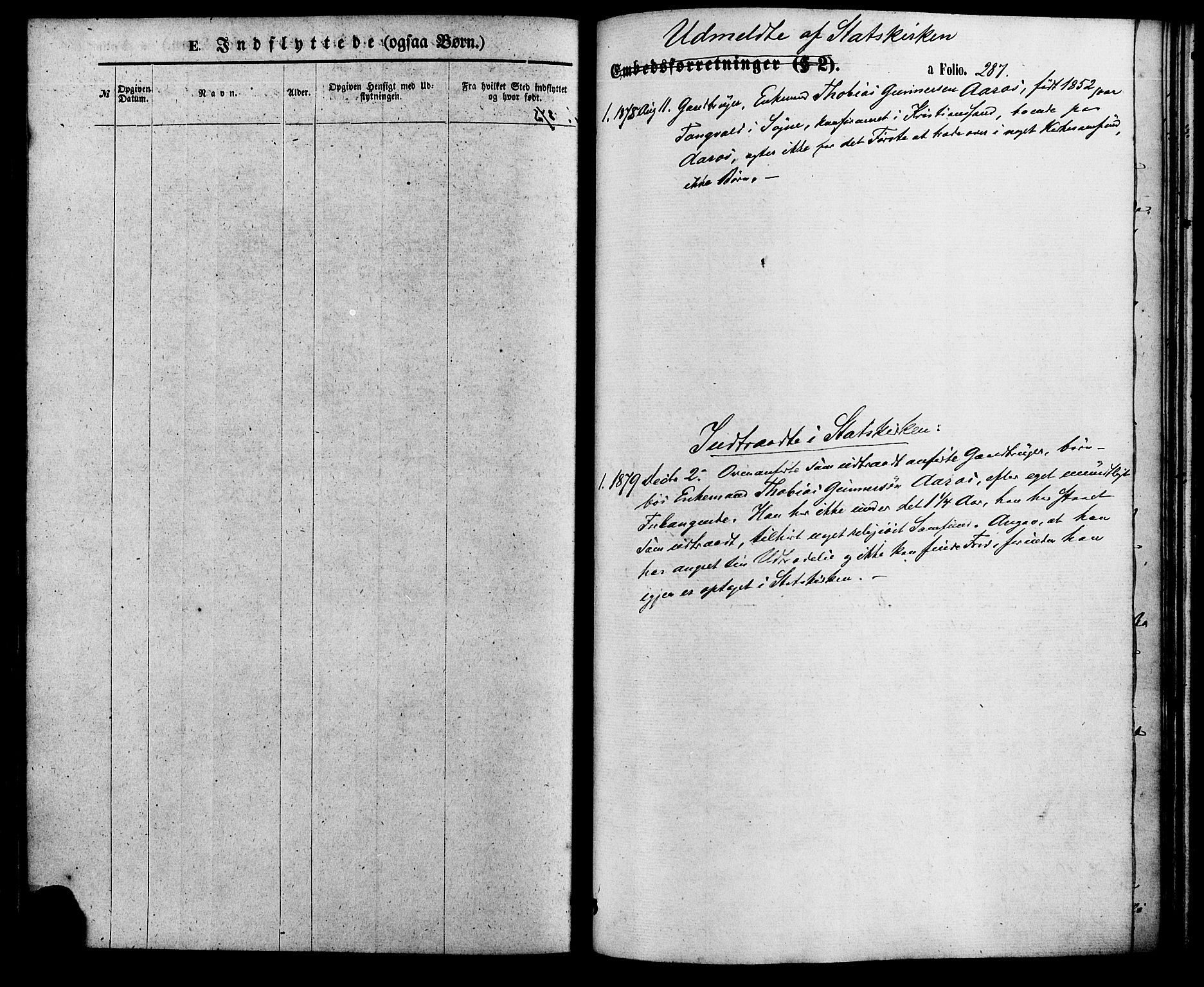 Søgne sokneprestkontor, SAK/1111-0037/F/Fa/Fab/L0011: Parish register (official) no. A 11, 1869-1879, p. 287