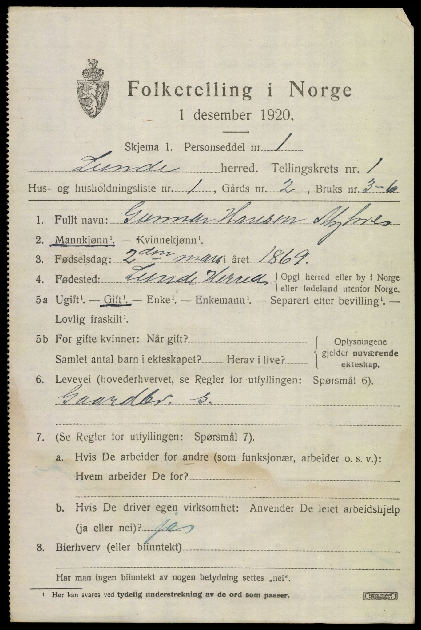 SAKO, 1920 census for Lunde, 1920, p. 1027