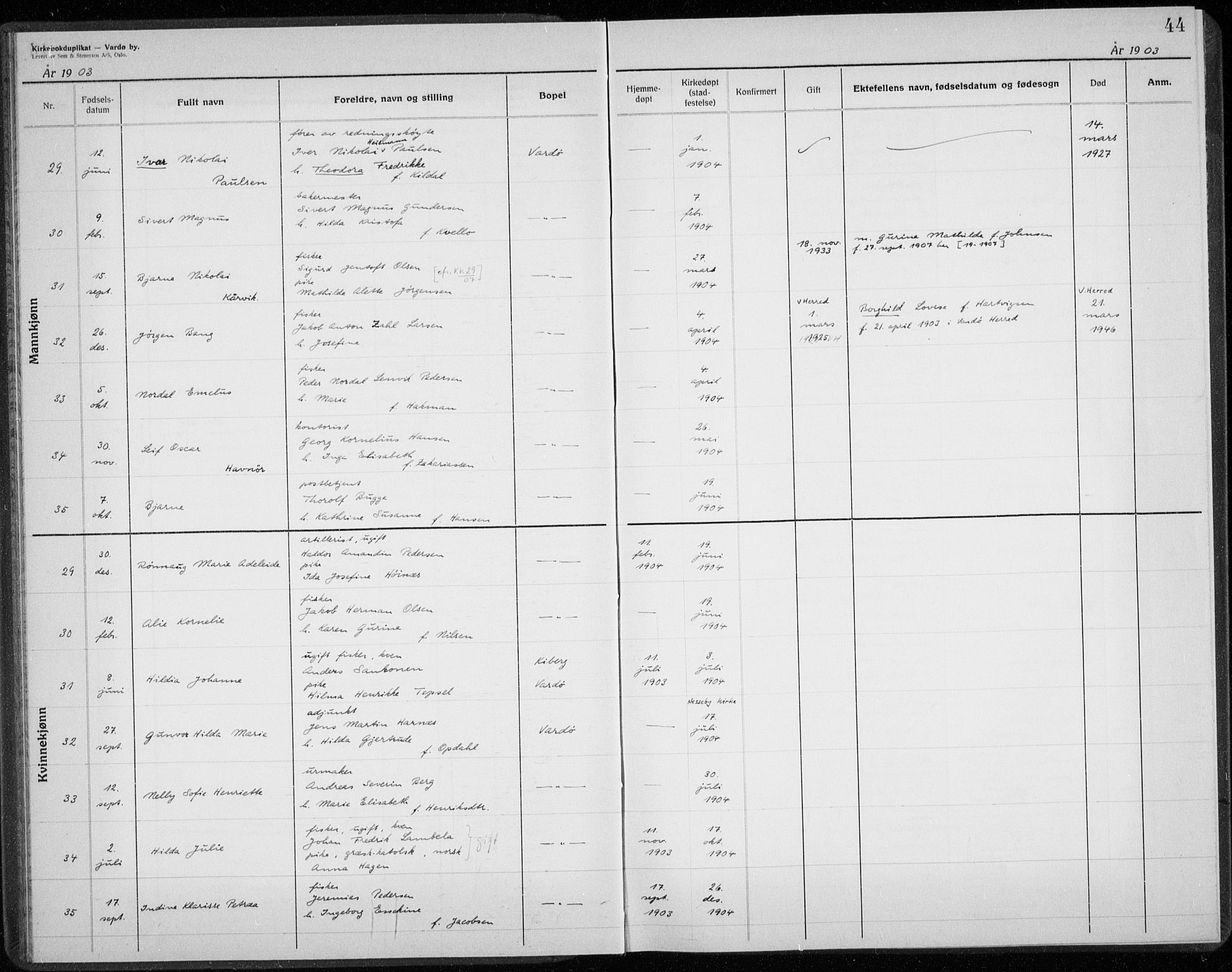 Vardø sokneprestkontor, AV/SATØ-S-1332/H/Hc/L0001kirkerekon: Other parish register no. 1, 1900-1914, p. 44