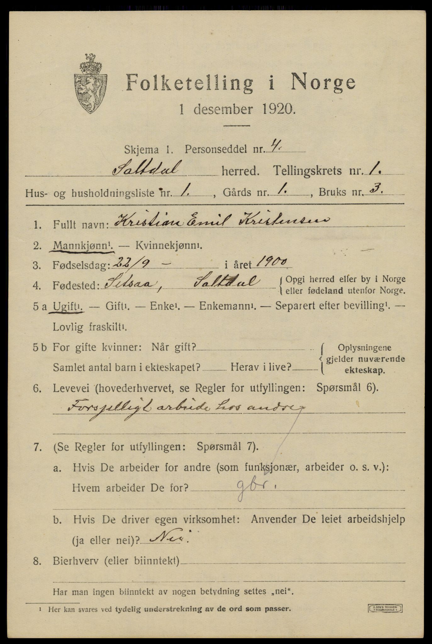 SAT, 1920 census for Saltdal, 1920, p. 1233