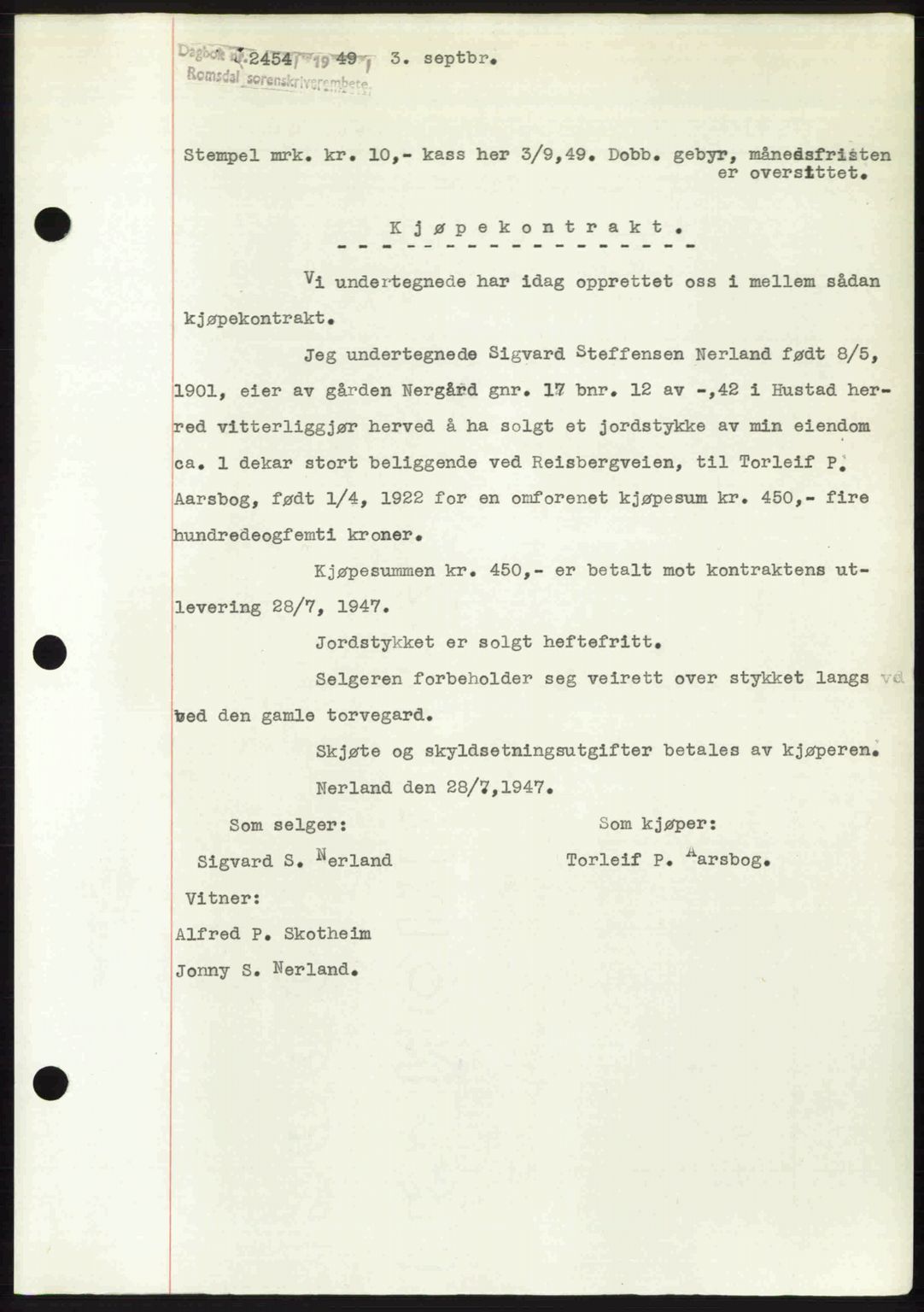 Romsdal sorenskriveri, AV/SAT-A-4149/1/2/2C: Mortgage book no. A30, 1949-1949, Diary no: : 2454/1949