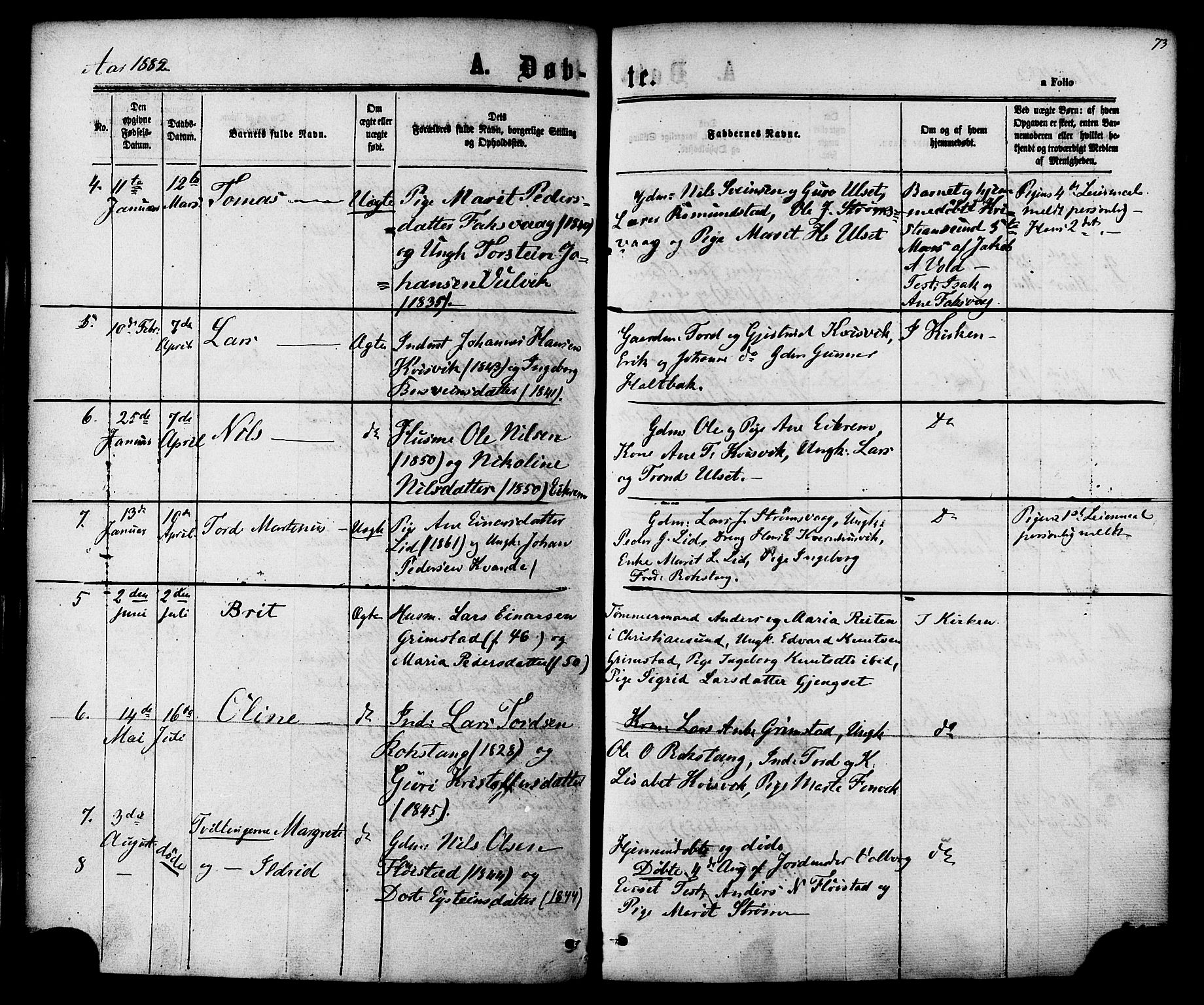 Ministerialprotokoller, klokkerbøker og fødselsregistre - Møre og Romsdal, AV/SAT-A-1454/587/L0999: Parish register (official) no. 587A01, 1864-1886, p. 73