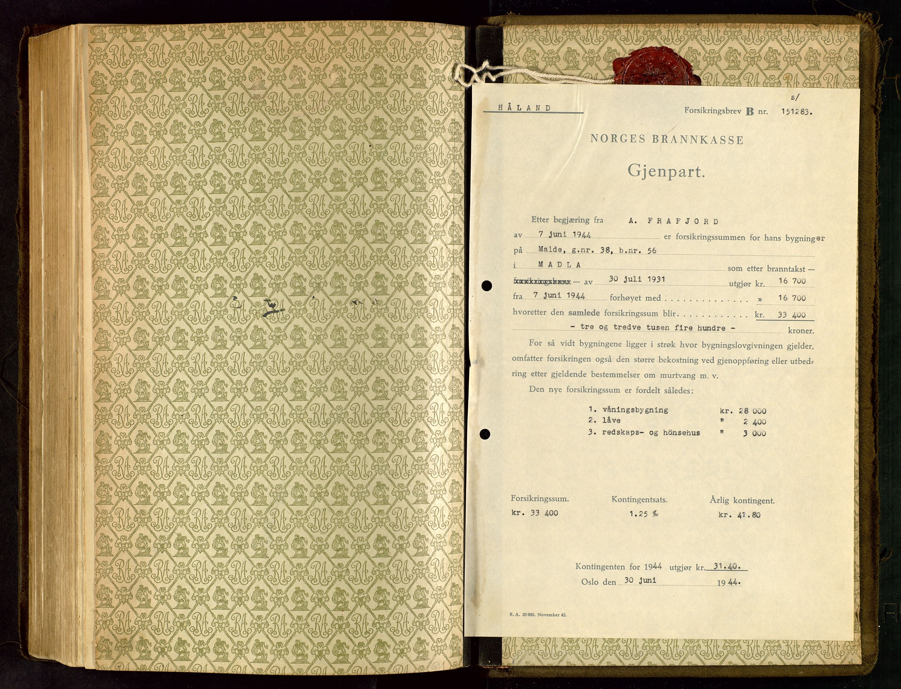 Håland lensmannskontor, AV/SAST-A-100100/Go/L0005: "Brandtakstprotokoll"  Register i boken., 1929-1948