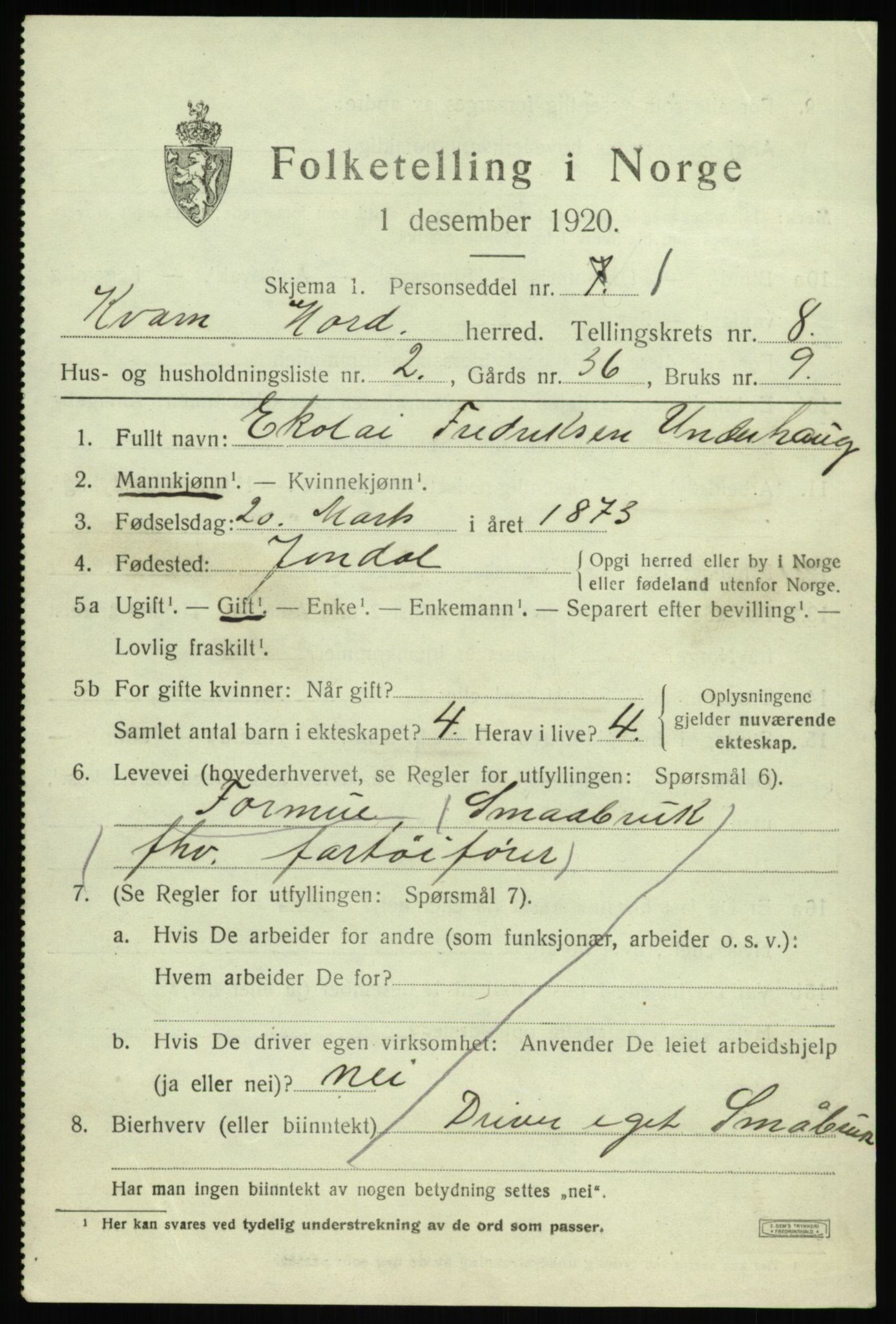 SAB, 1920 census for Kvam, 1920, p. 5175