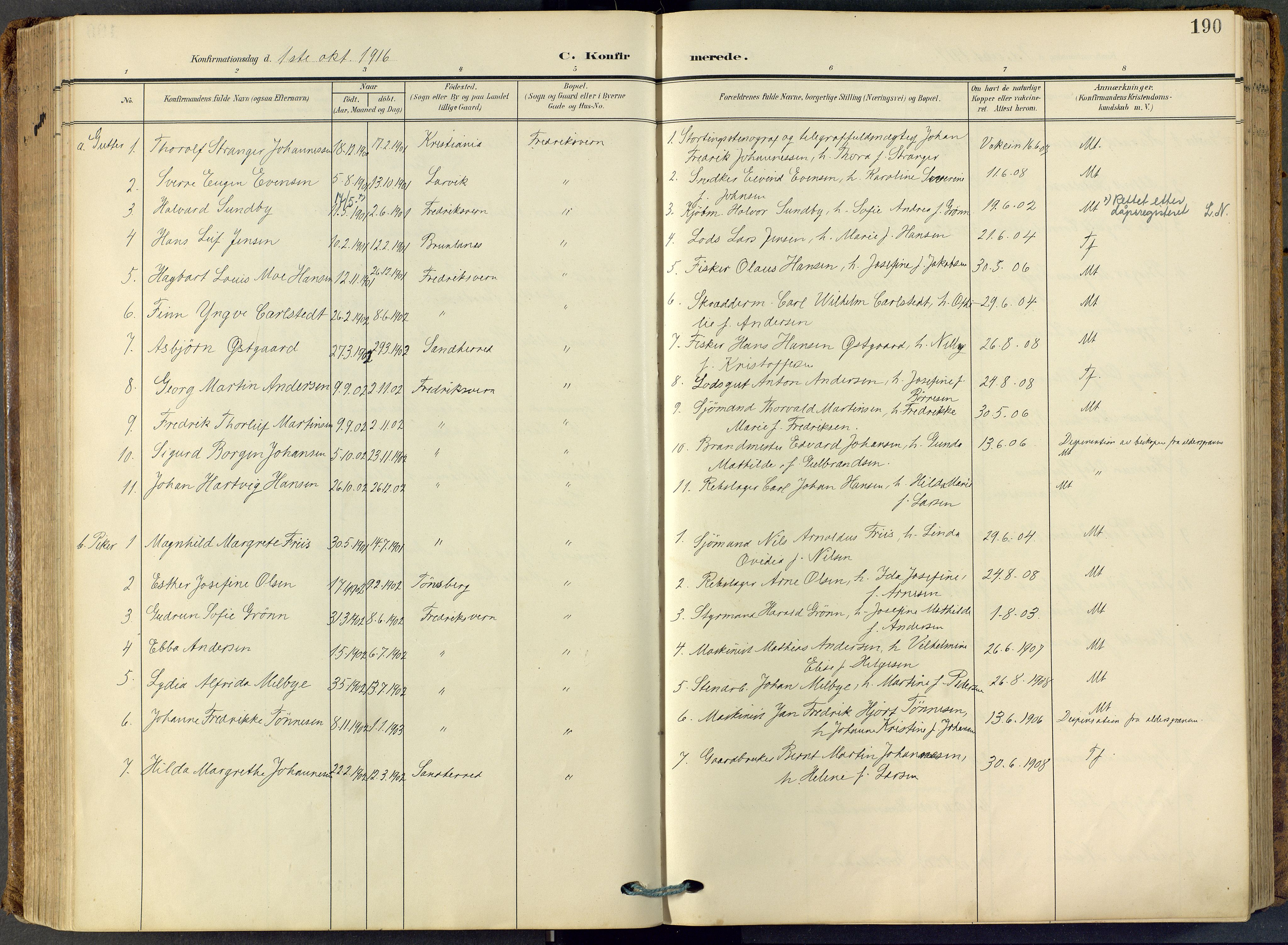 Stavern kirkebøker, SAKO/A-318/F/Fa/L0009: Parish register (official) no. 9, 1906-1955, p. 190