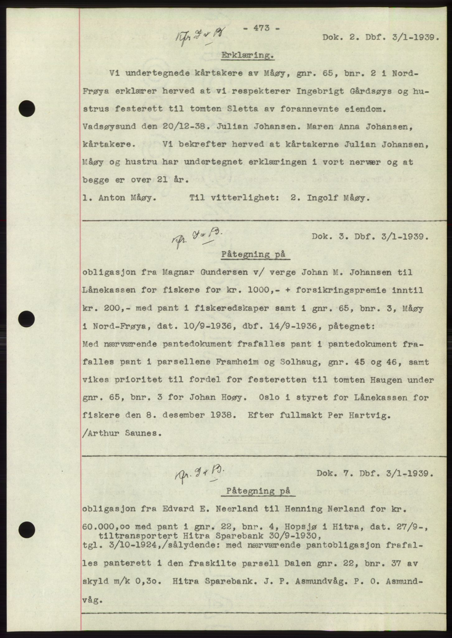 Hitra sorenskriveri, AV/SAT-A-0018/2/2C/2Ca: Mortgage book no. C1, 1936-1945, Diary no: : 2/1939