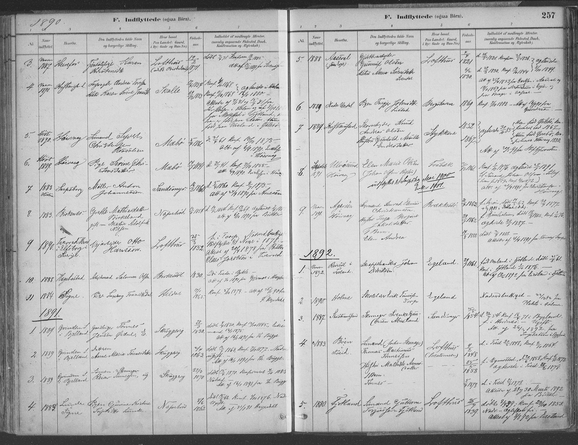 Vestre Moland sokneprestkontor, SAK/1111-0046/F/Fa/Fab/L0009: Parish register (official) no. A 9, 1884-1899, p. 257