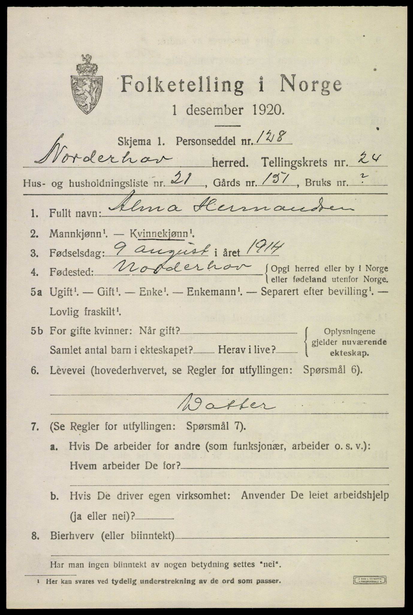 SAKO, 1920 census for Norderhov, 1920, p. 23699