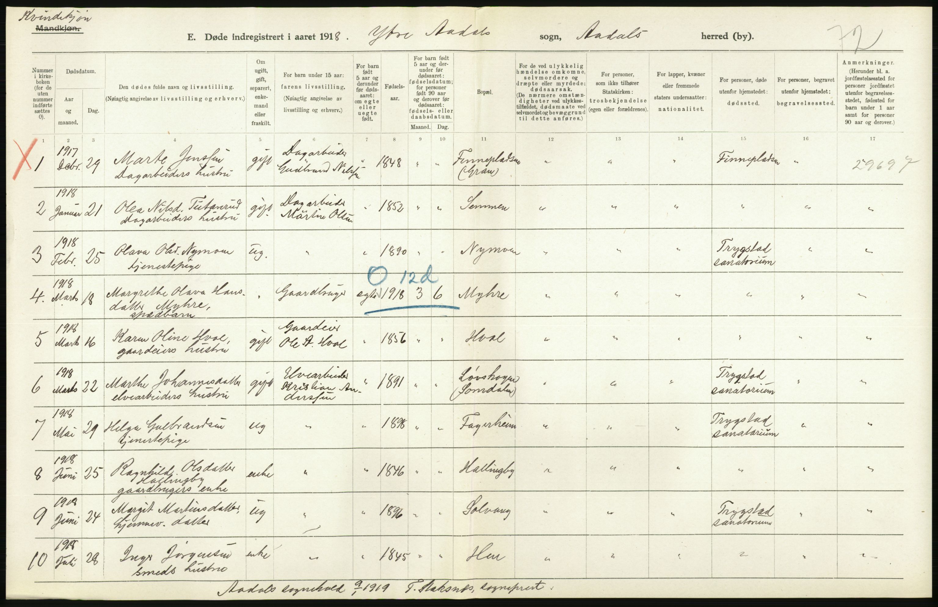 Statistisk sentralbyrå, Sosiodemografiske emner, Befolkning, AV/RA-S-2228/D/Df/Dfb/Dfbh/L0020: Buskerud fylke: Døde. Bygder og byer., 1918, p. 256