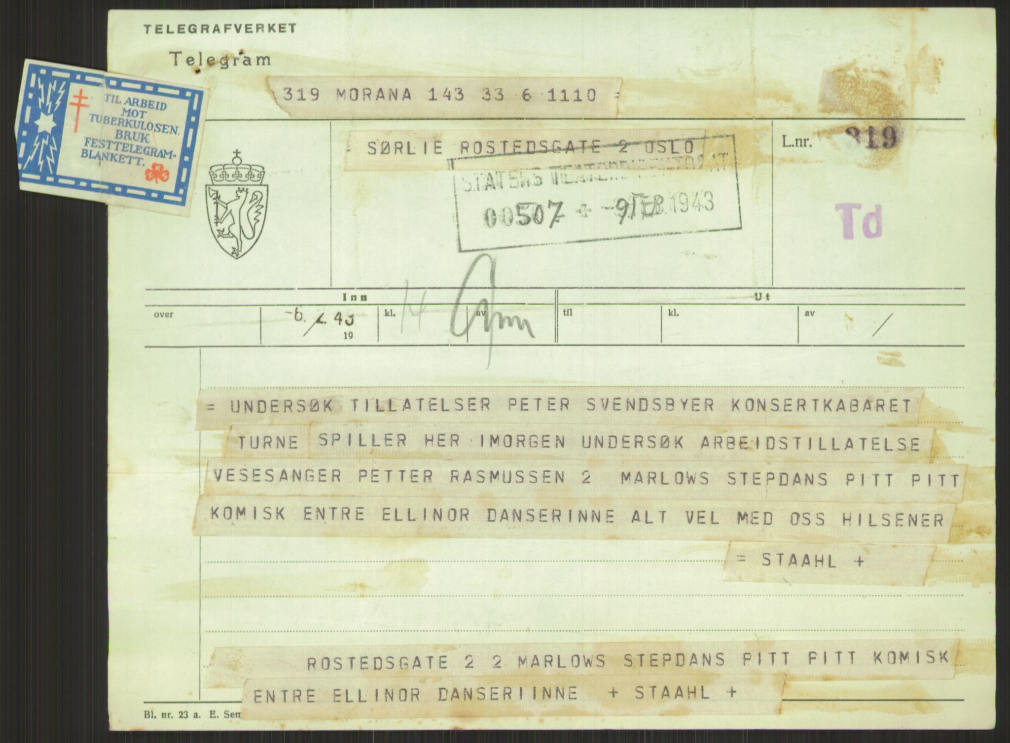 Kultur- og folkeopplysningsdepartementet. Kulturavdelingen. Statens teaterdirektorat, AV/RA-S-6129/D/Da/L0042/0007: -- / Ulovlig forestilliger, 1943, p. 5