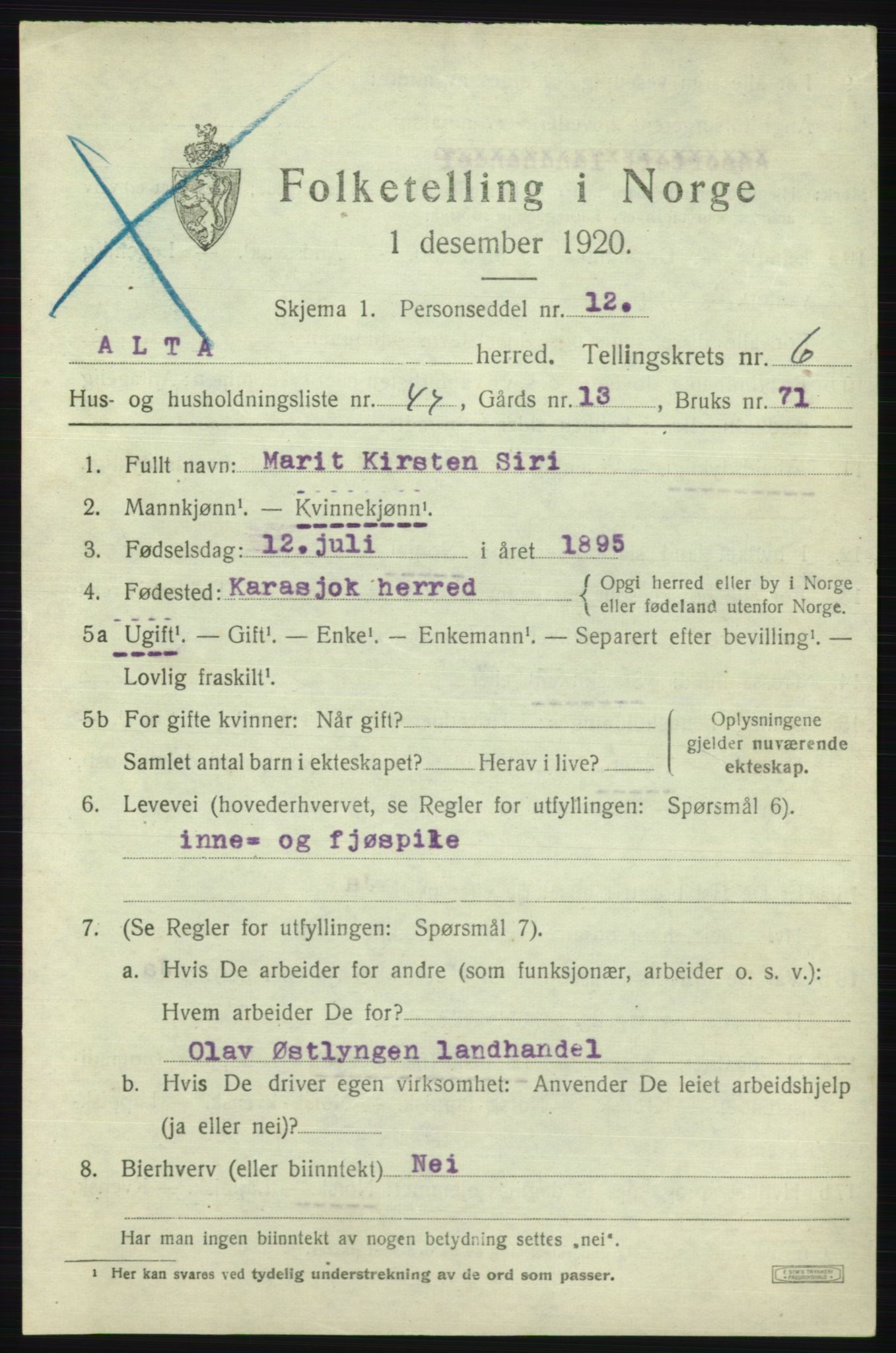 SATØ, 1920 census for Alta, 1920, p. 4481