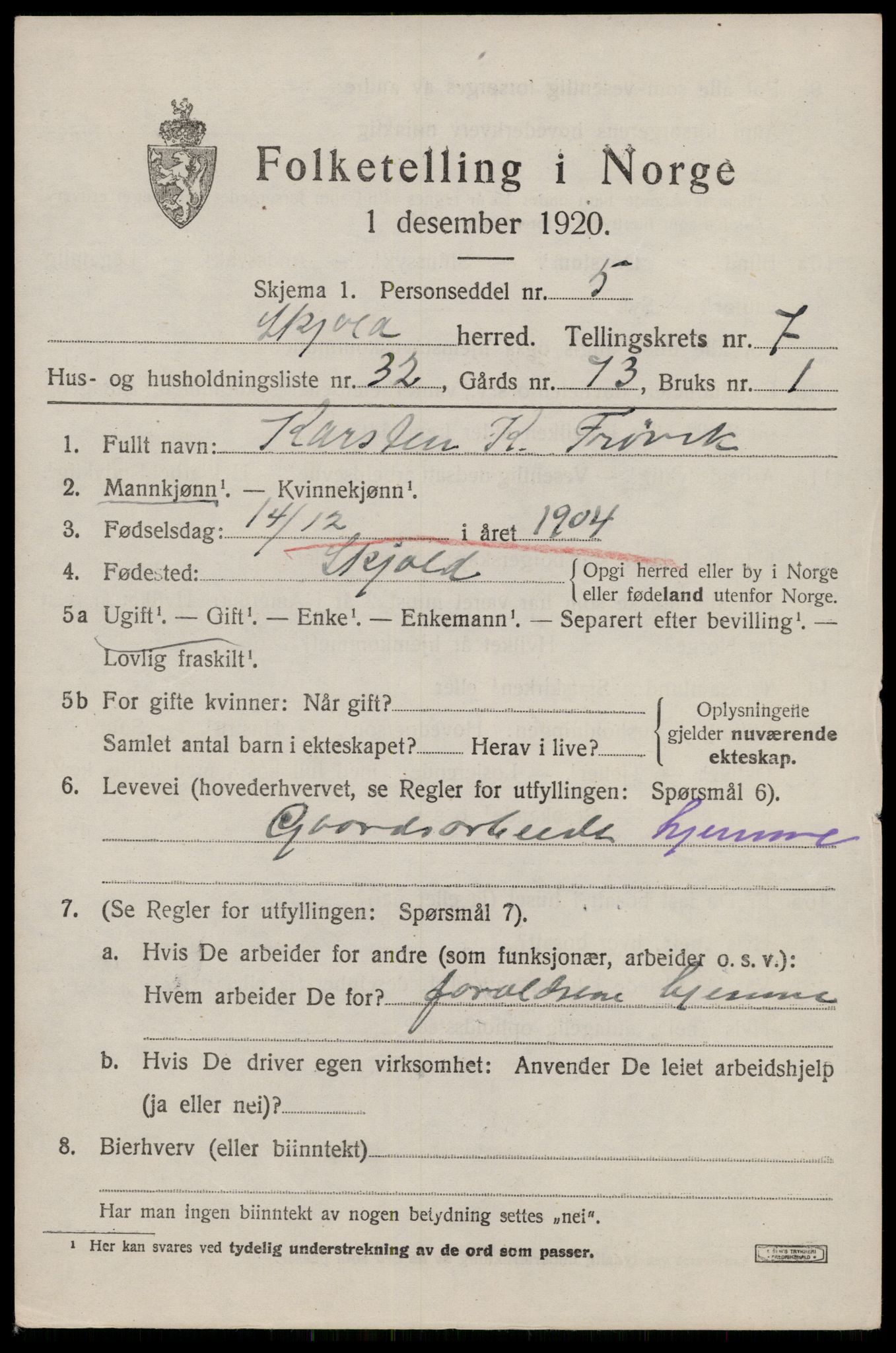 SAST, 1920 census for Skjold, 1920, p. 4170