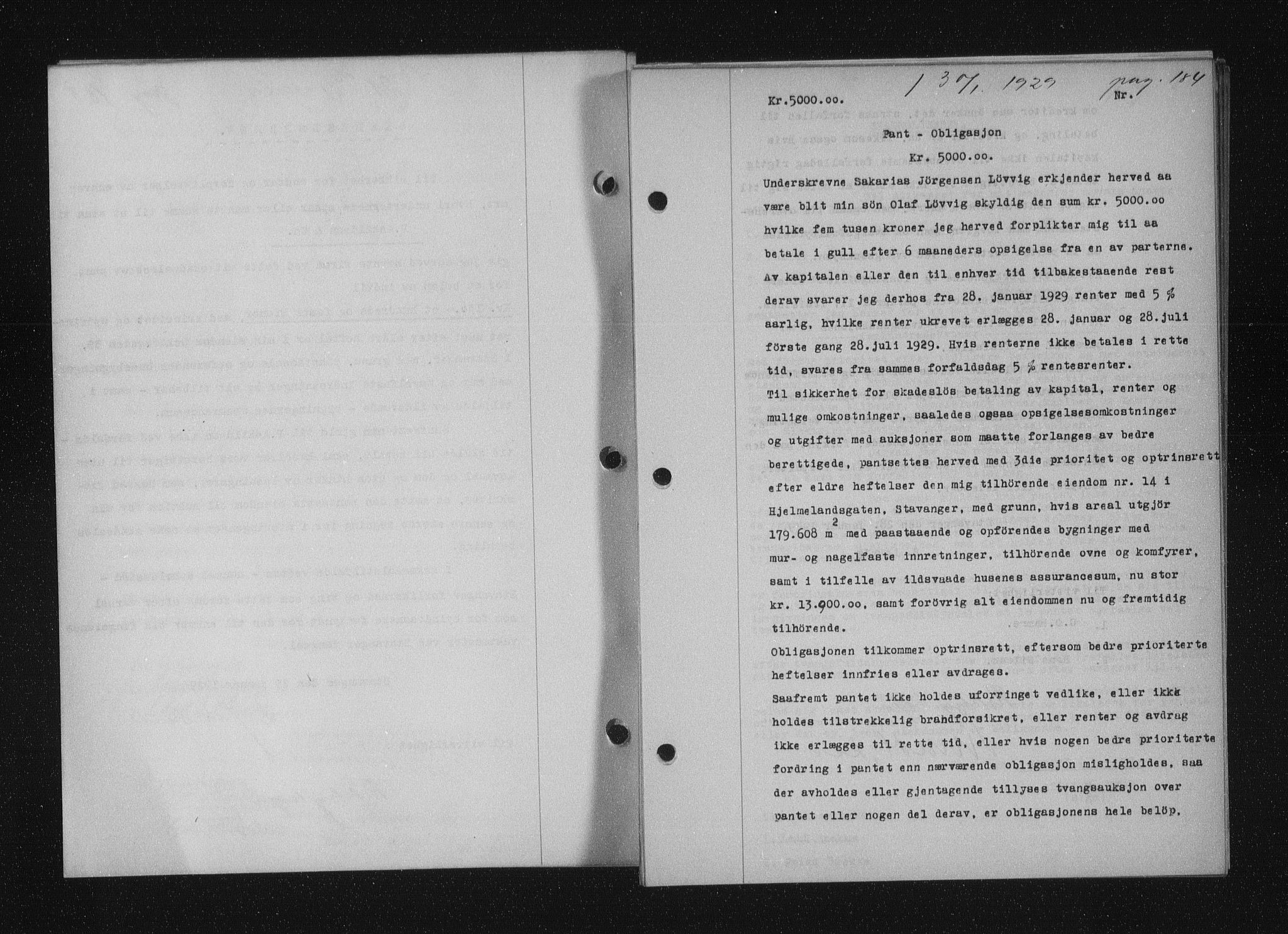 Stavanger byfogd, SAST/A-101408/001/4/41/410/410BB/L0055: Mortgage book no. 43, 1928-1929, Deed date: 30.01.1929