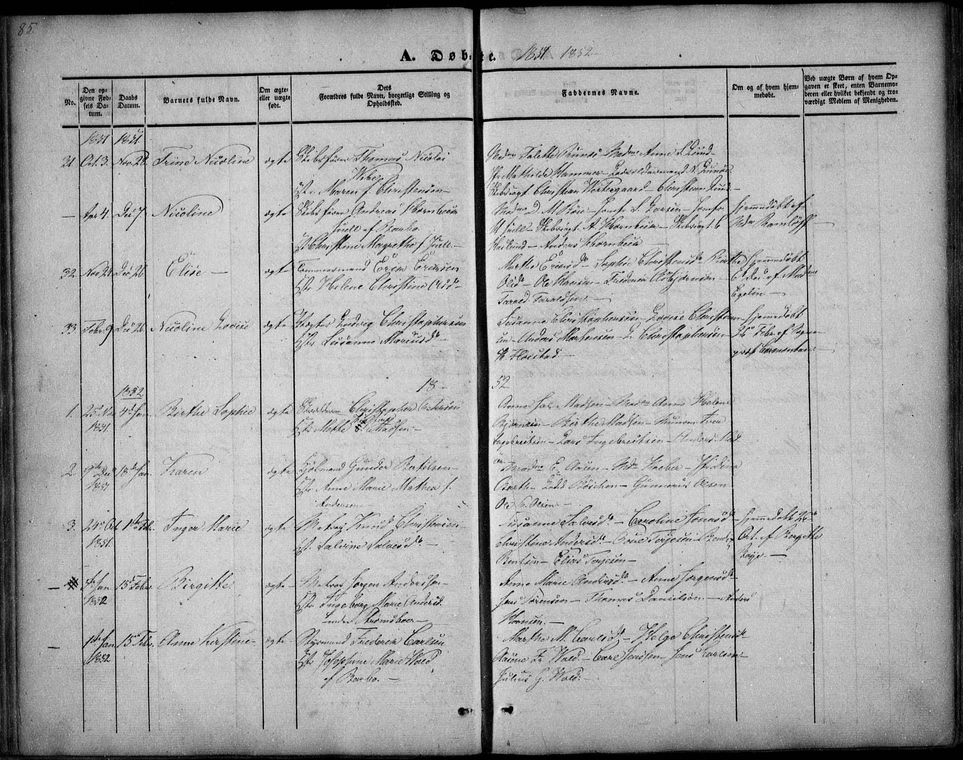 Arendal sokneprestkontor, Trefoldighet, AV/SAK-1111-0040/F/Fa/L0005: Parish register (official) no. A 5, 1838-1854, p. 85