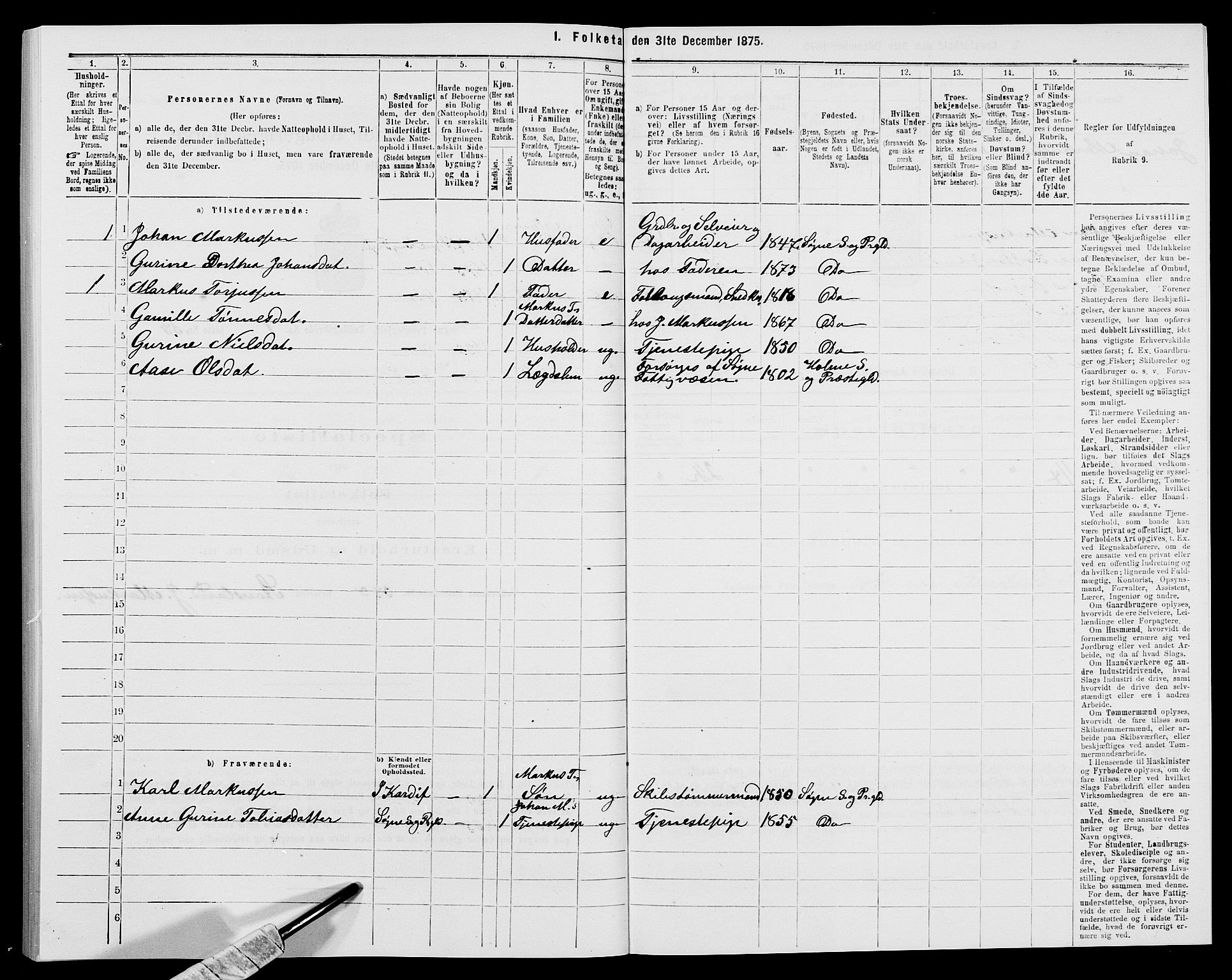 SAK, 1875 census for 1018P Søgne, 1875, p. 191