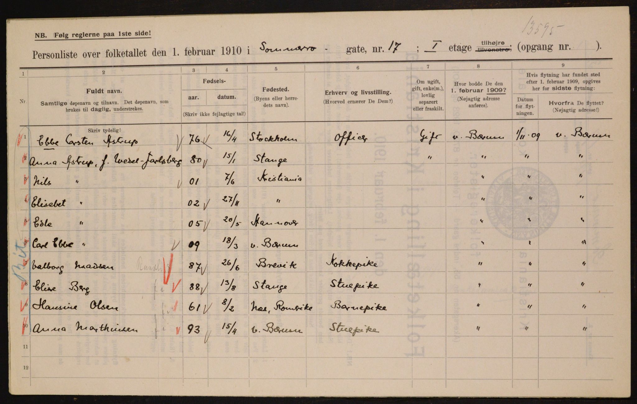 OBA, Municipal Census 1910 for Kristiania, 1910, p. 95050