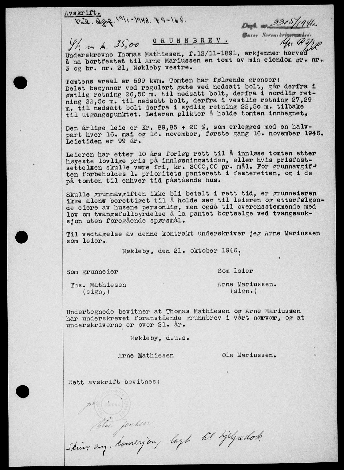 Onsøy sorenskriveri, SAO/A-10474/G/Ga/Gab/L0018: Mortgage book no. II A-18, 1946-1947, Diary no: : 3305/1946