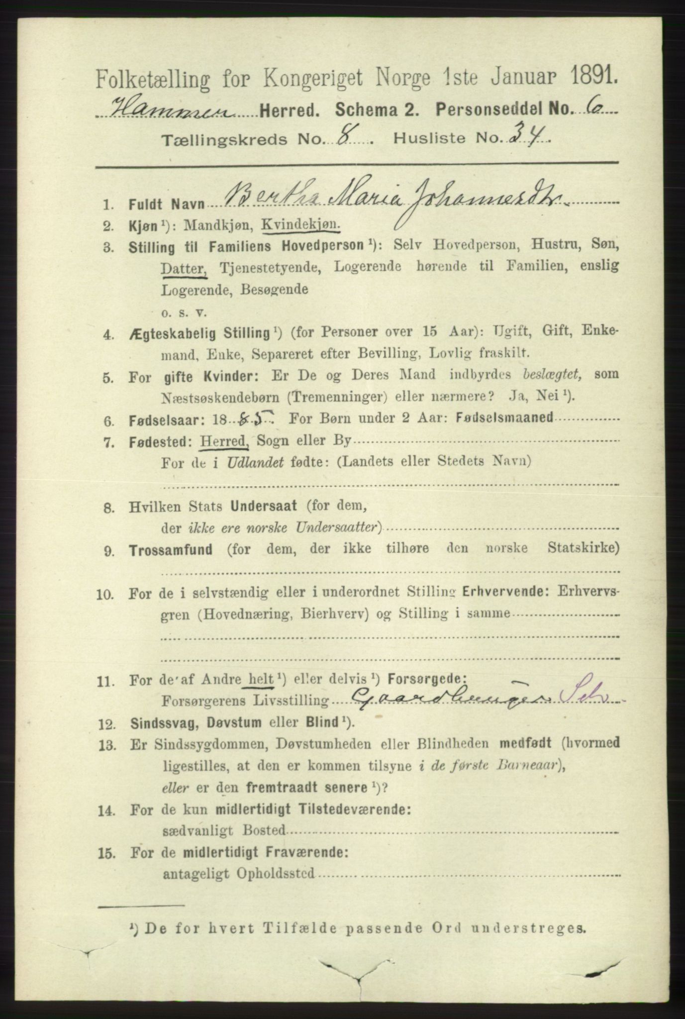 RA, 1891 census for 1254 Hamre, 1891, p. 2215