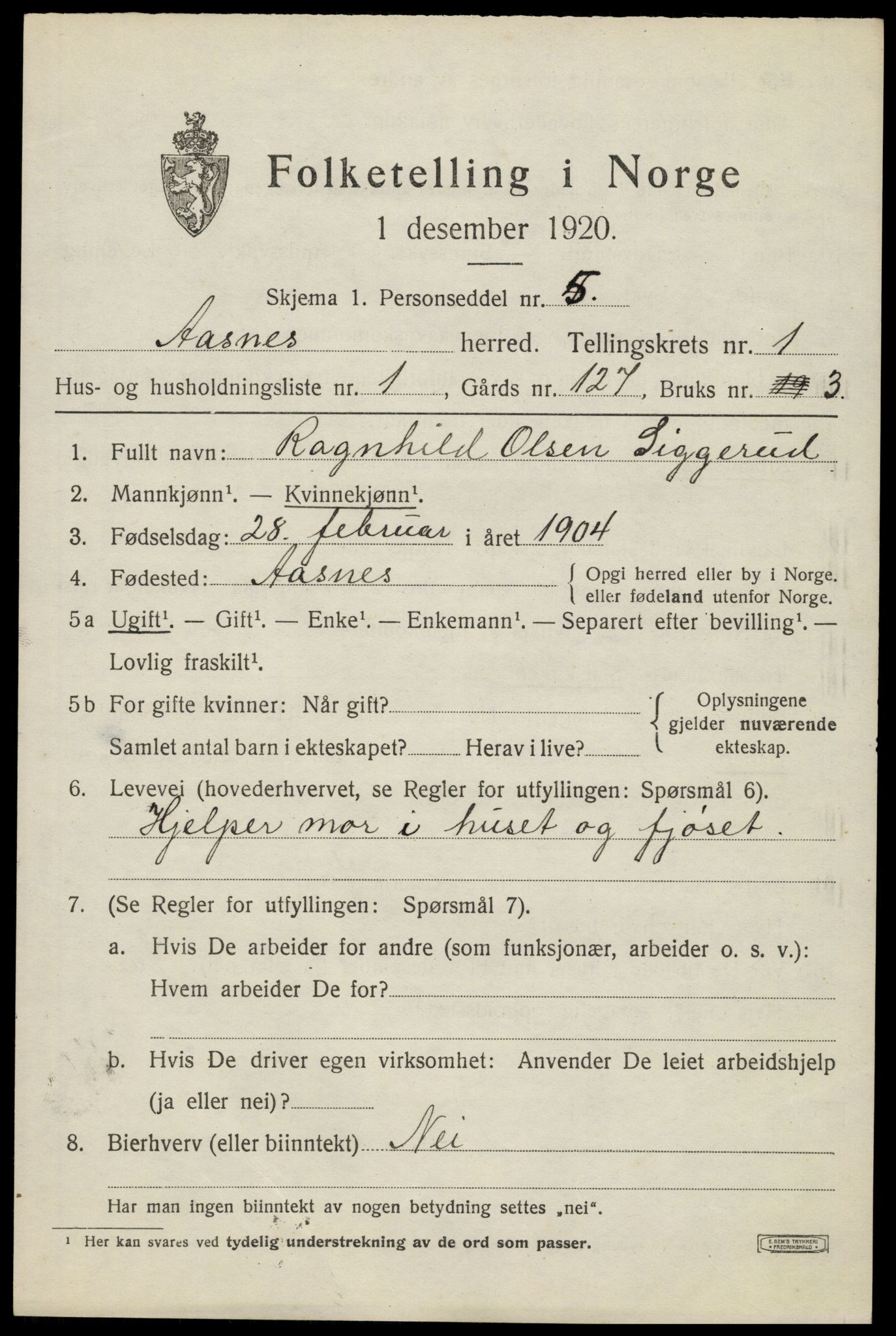 SAH, 1920 census for Åsnes, 1920, p. 2142