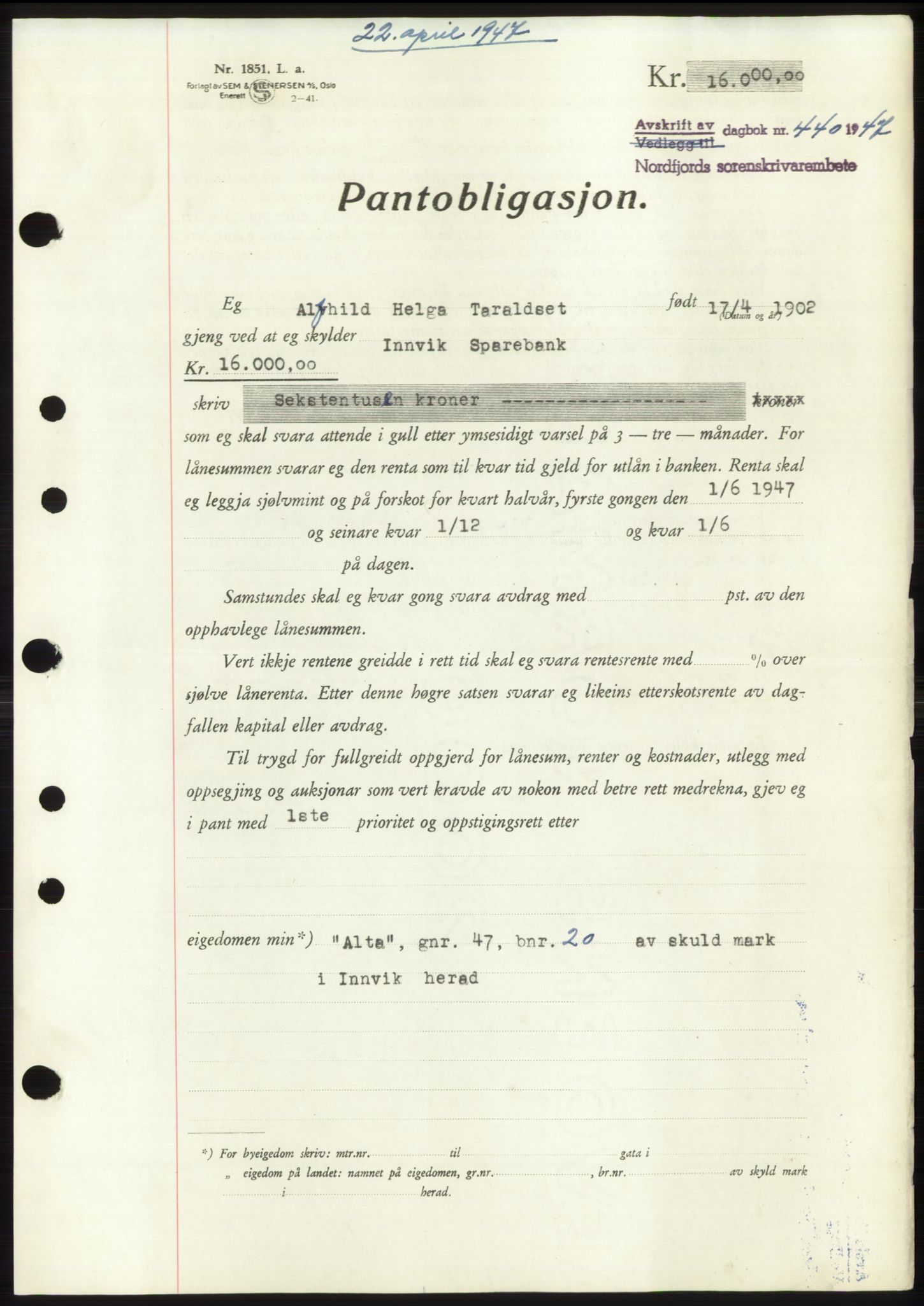 Nordfjord sorenskriveri, SAB/A-2801/02/02b/02bk/L0005: Mortgage book no. B7-8, 1946-1947, Diary no: : 440/1947