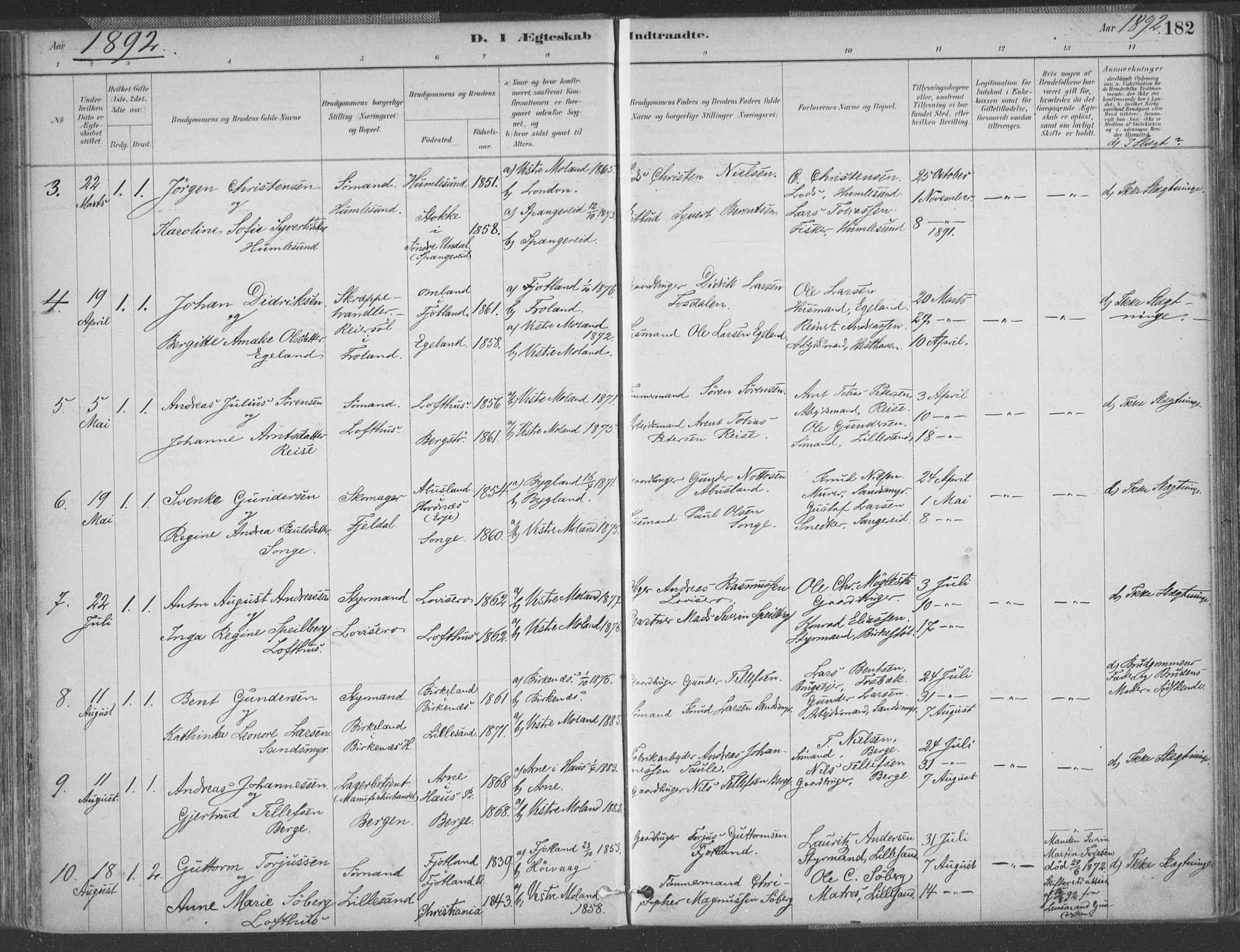 Vestre Moland sokneprestkontor, AV/SAK-1111-0046/F/Fa/Fab/L0009: Parish register (official) no. A 9, 1884-1899, p. 182