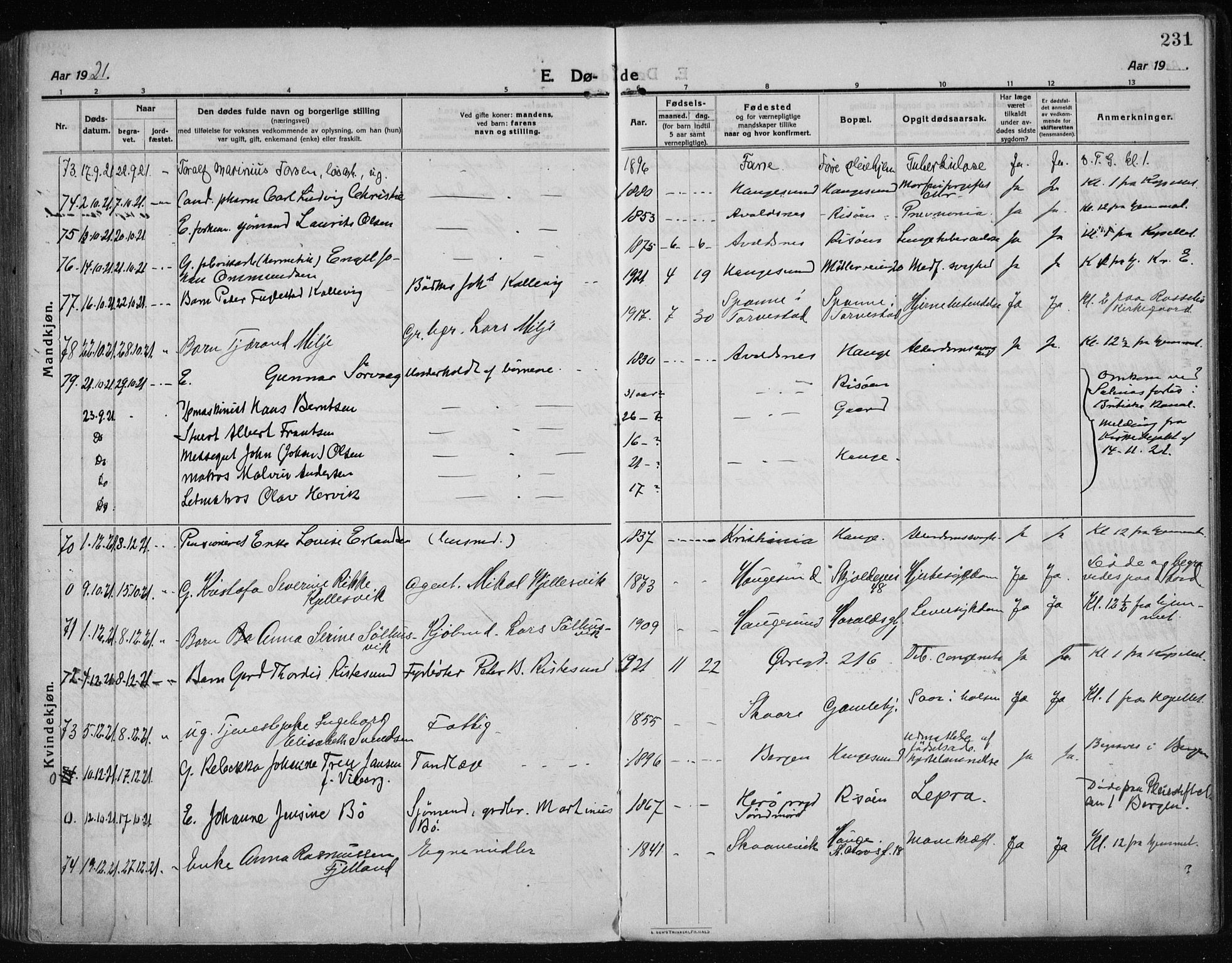 Haugesund sokneprestkontor, AV/SAST-A -101863/H/Ha/Haa/L0009: Parish register (official) no. A 9, 1914-1929, p. 231