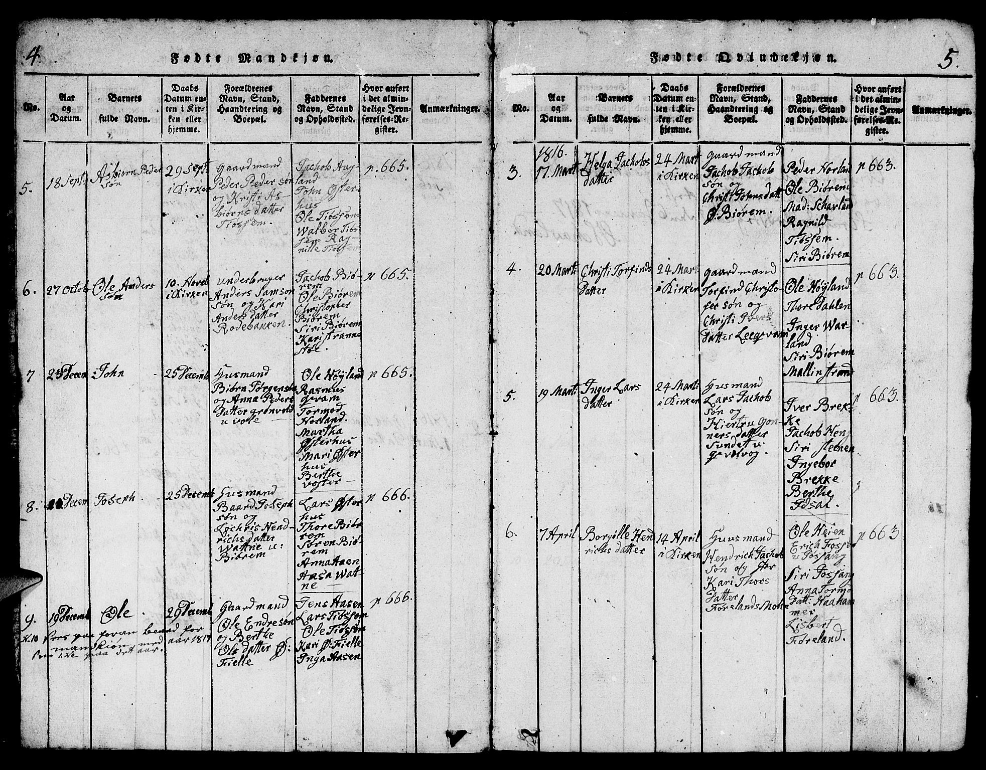 Strand sokneprestkontor, SAST/A-101828/H/Ha/Hab/L0001: Parish register (copy) no. B 1, 1816-1854, p. 4-5