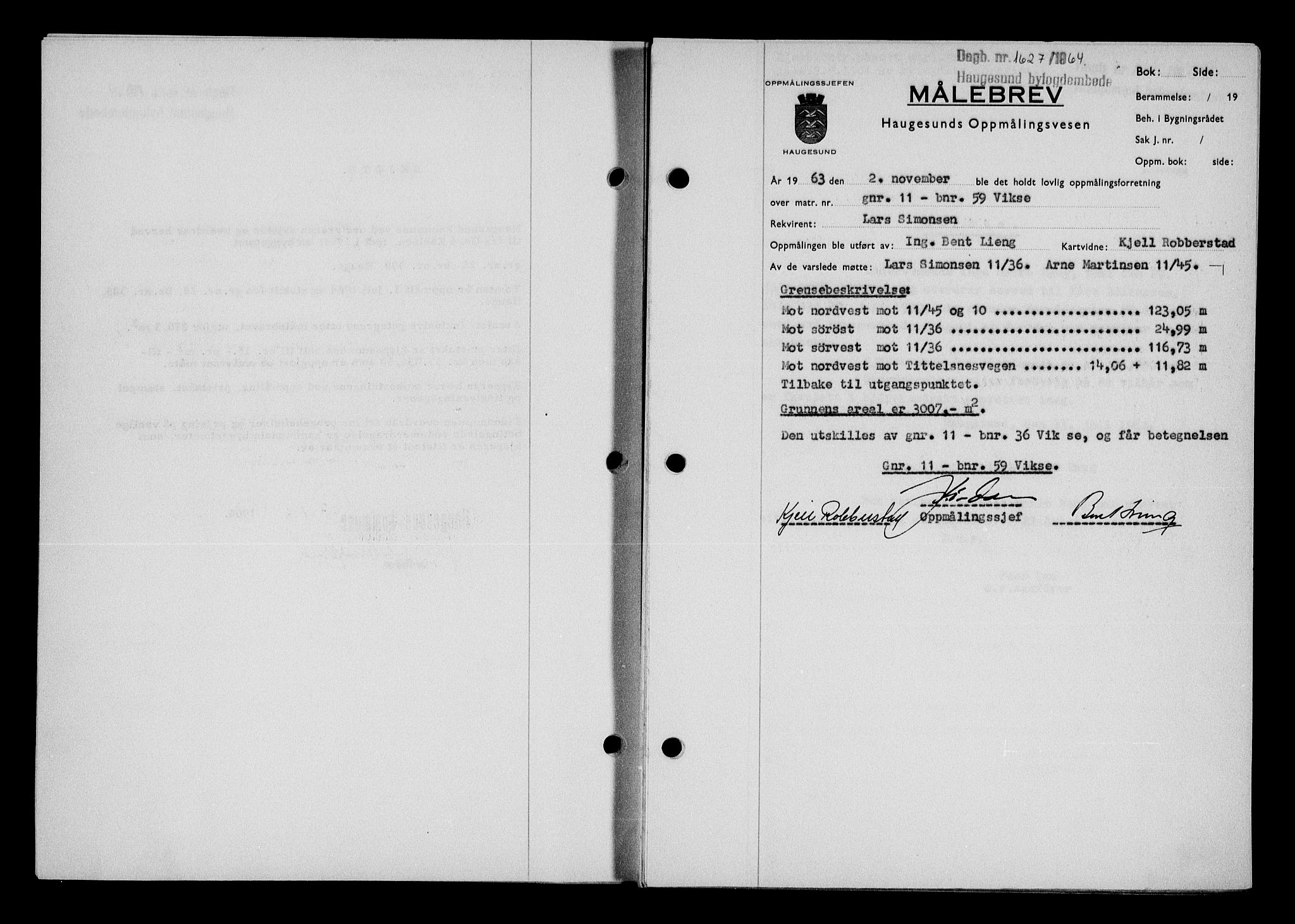 Haugesund tingrett, AV/SAST-A-101415/01/II/IIC/L0075: Mortgage book no. A 16, 1964-1965, Diary no: : 1627/1964