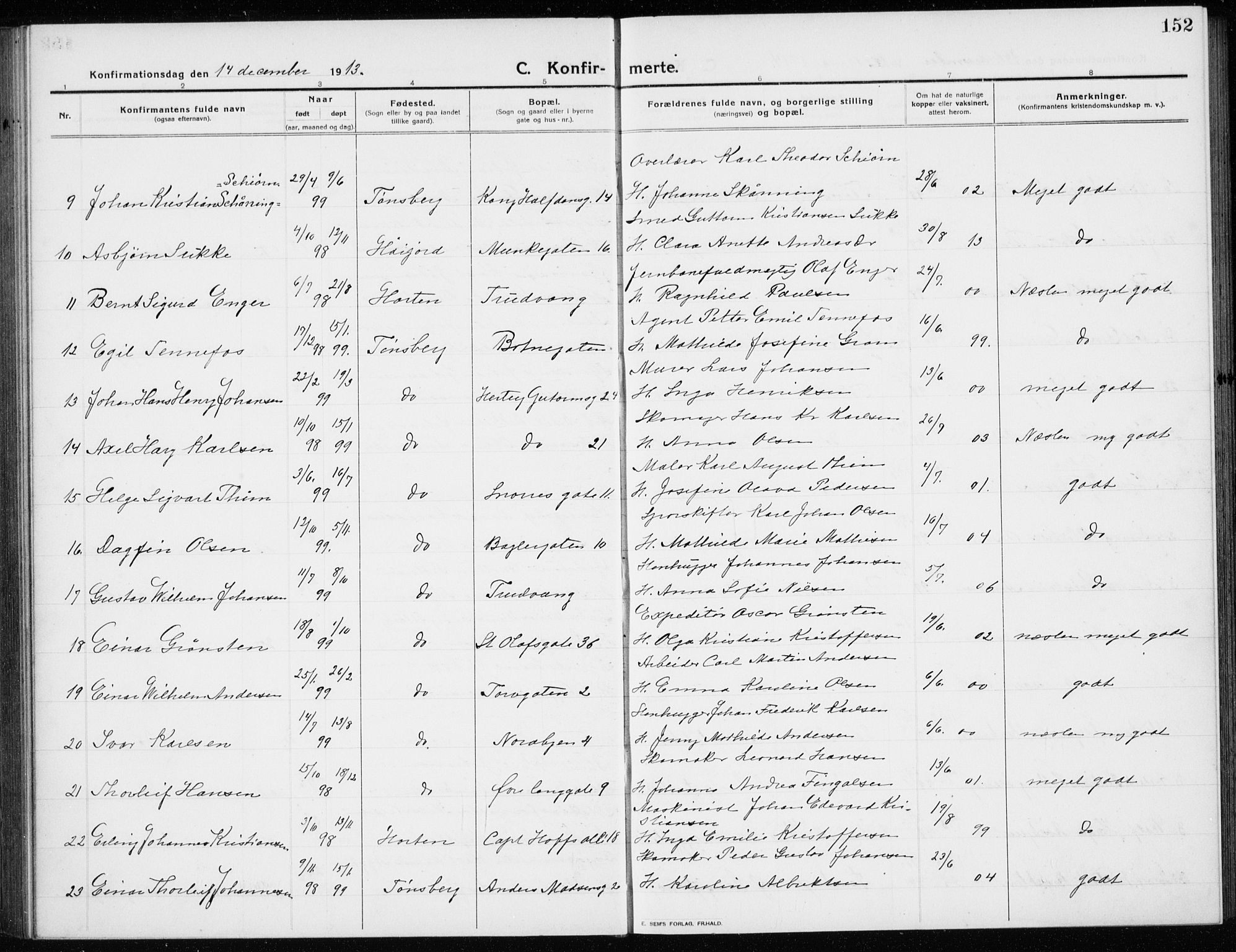 Tønsberg kirkebøker, AV/SAKO-A-330/G/Ga/L0009: Parish register (copy) no. 9, 1913-1920, p. 152