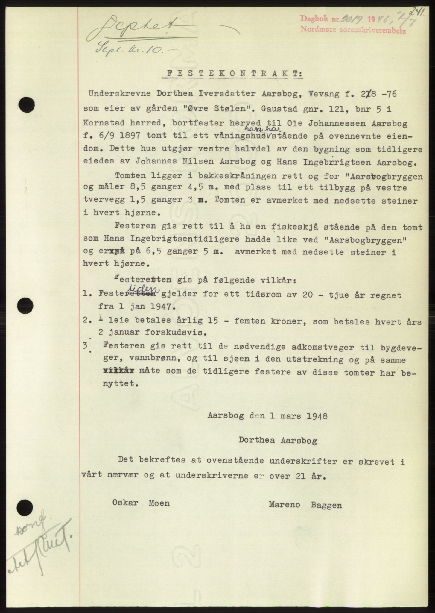 Nordmøre sorenskriveri, AV/SAT-A-4132/1/2/2Ca: Mortgage book no. B99, 1948-1948, Diary no: : 2019/1948