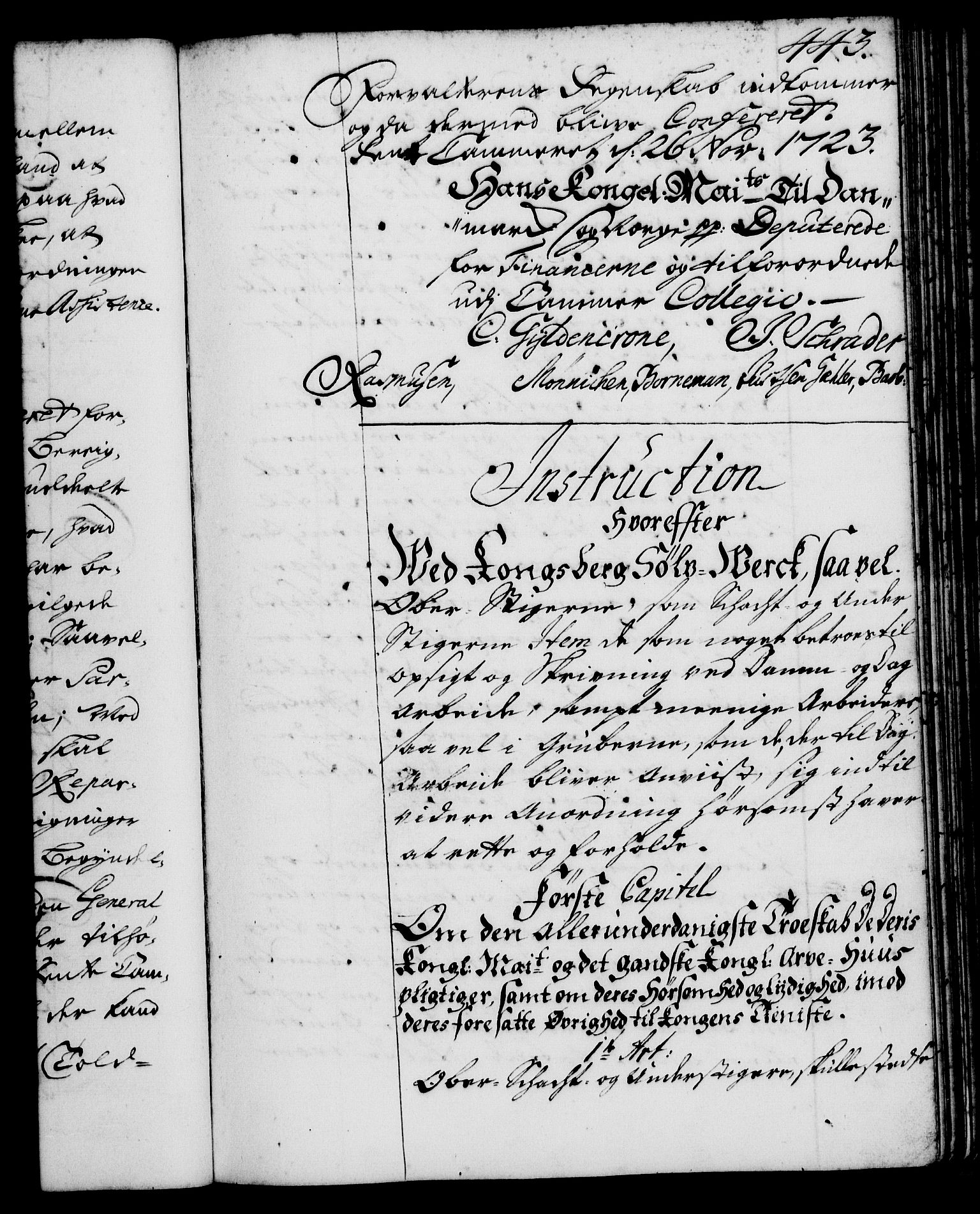 Rentekammeret, Kammerkanselliet, RA/EA-3111/G/Gg/Ggi/L0001: Norsk instruksjonsprotokoll med register (merket RK 53.34), 1720-1729, p. 443