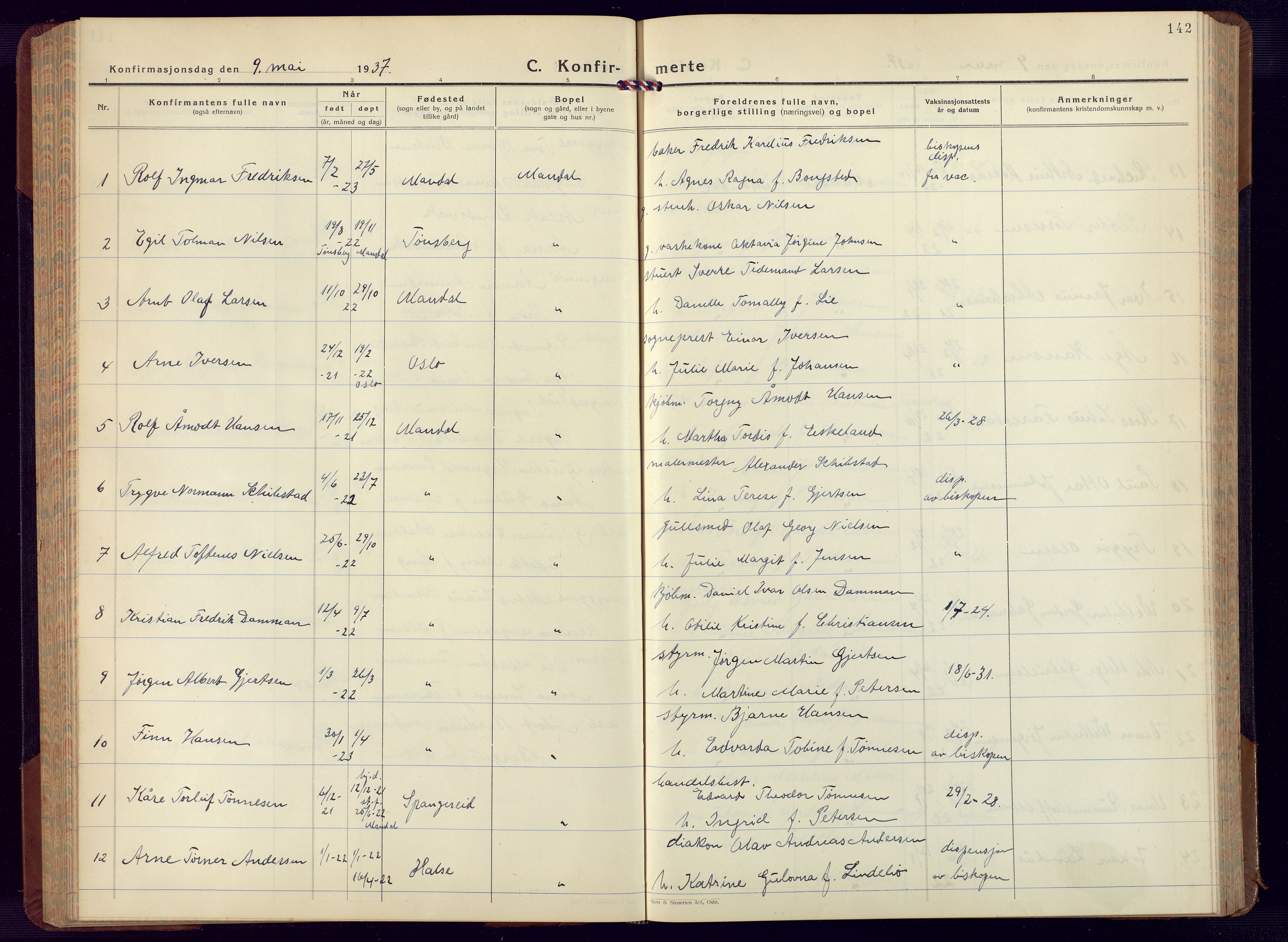 Mandal sokneprestkontor, SAK/1111-0030/F/Fb/Fbc/L0002: Parish register (copy) no. B 2, 1931-1949, p. 142