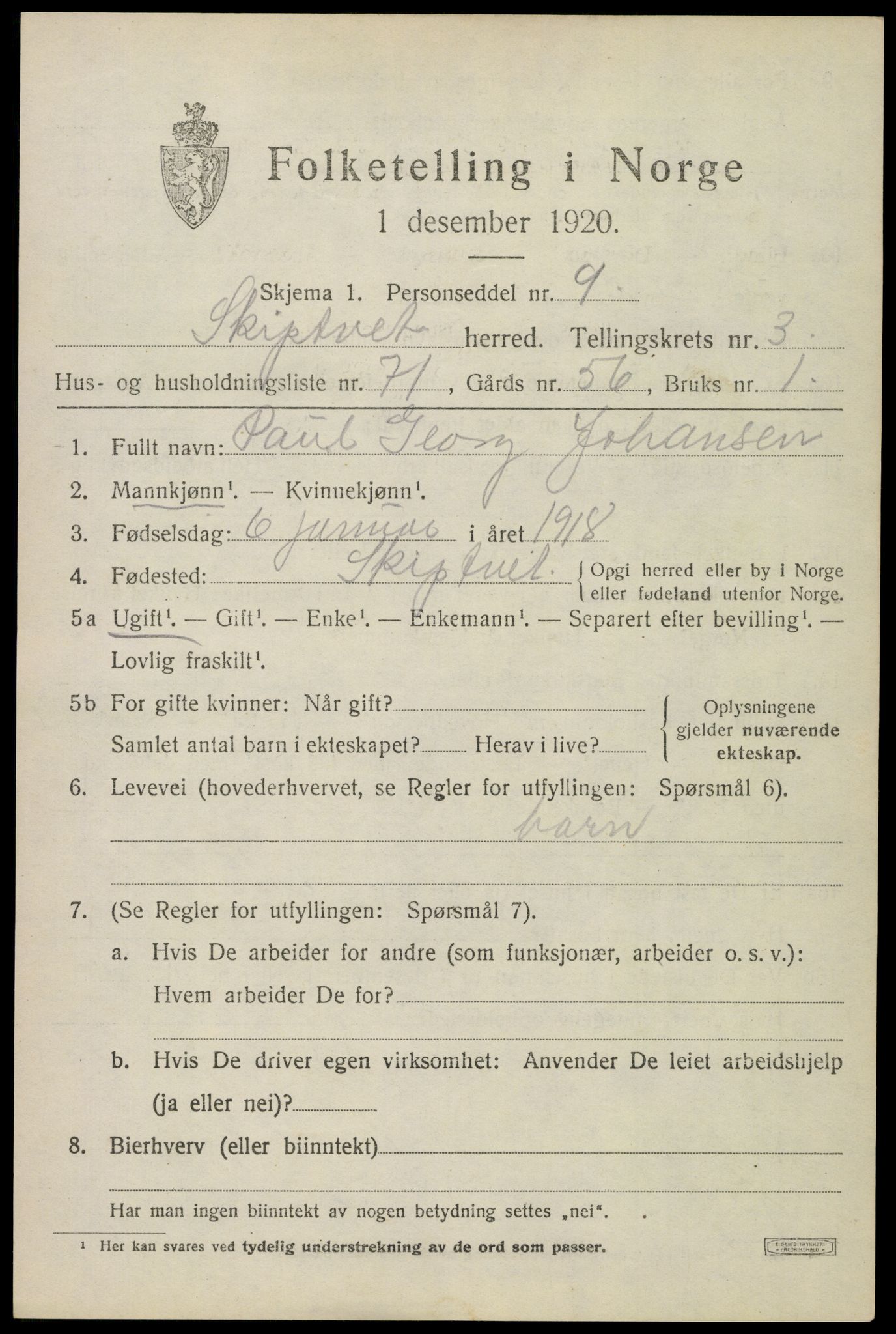 SAO, 1920 census for Skiptvet, 1920, p. 3727