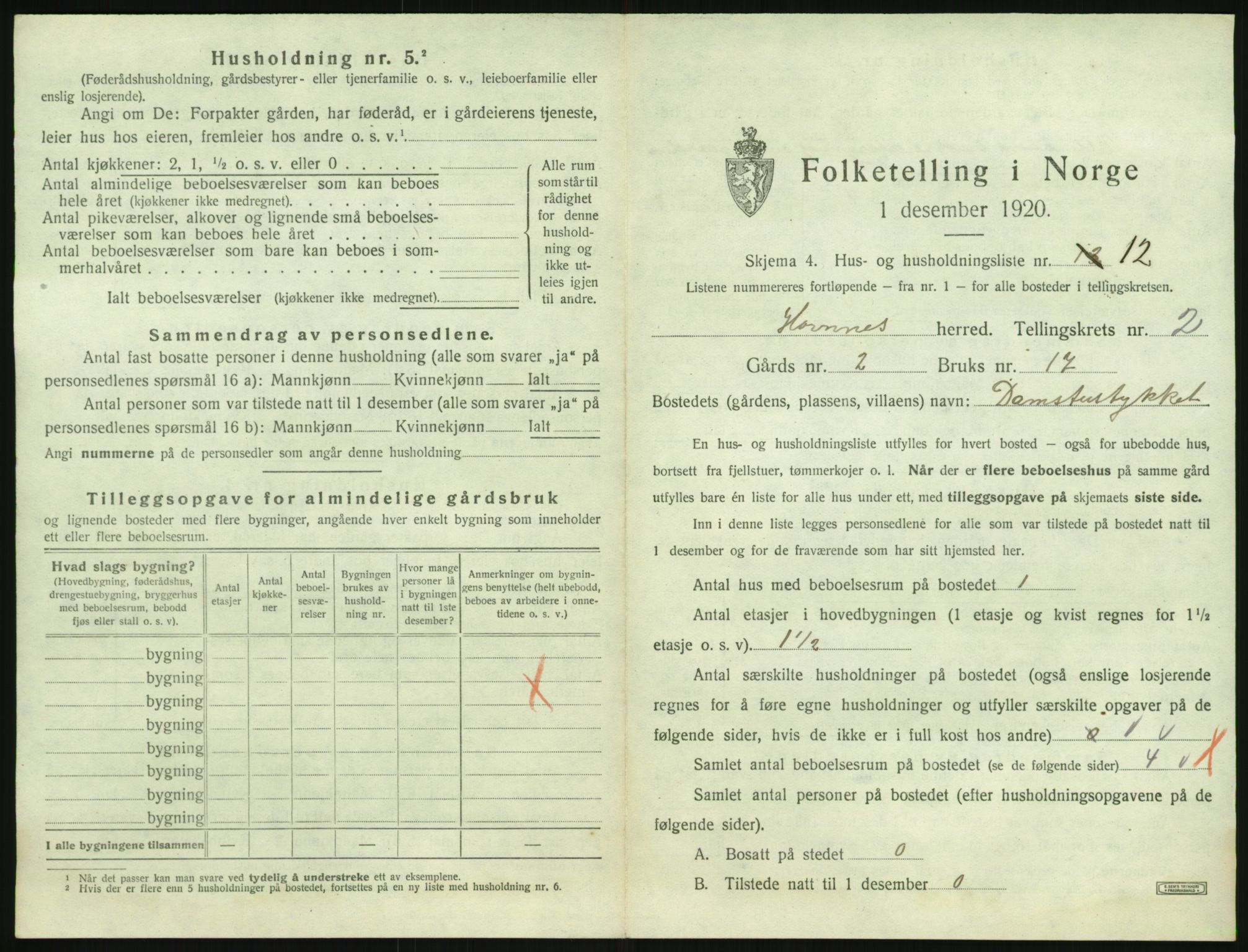 SAK, 1920 census for Hornnes, 1920, p. 113