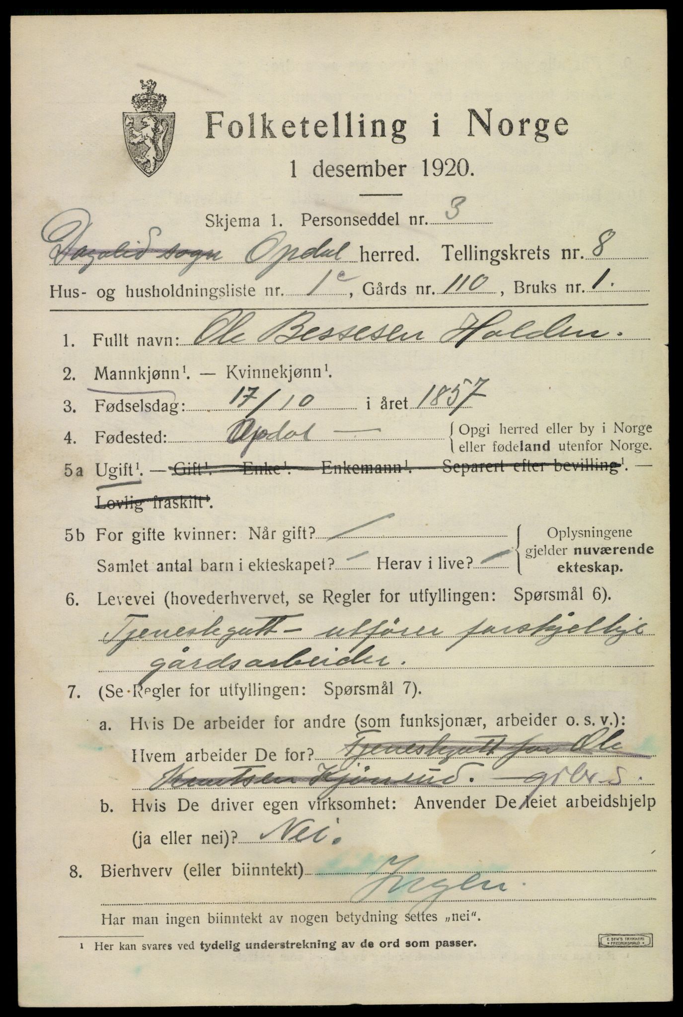 SAKO, 1920 census for Uvdal, 1920, p. 3079