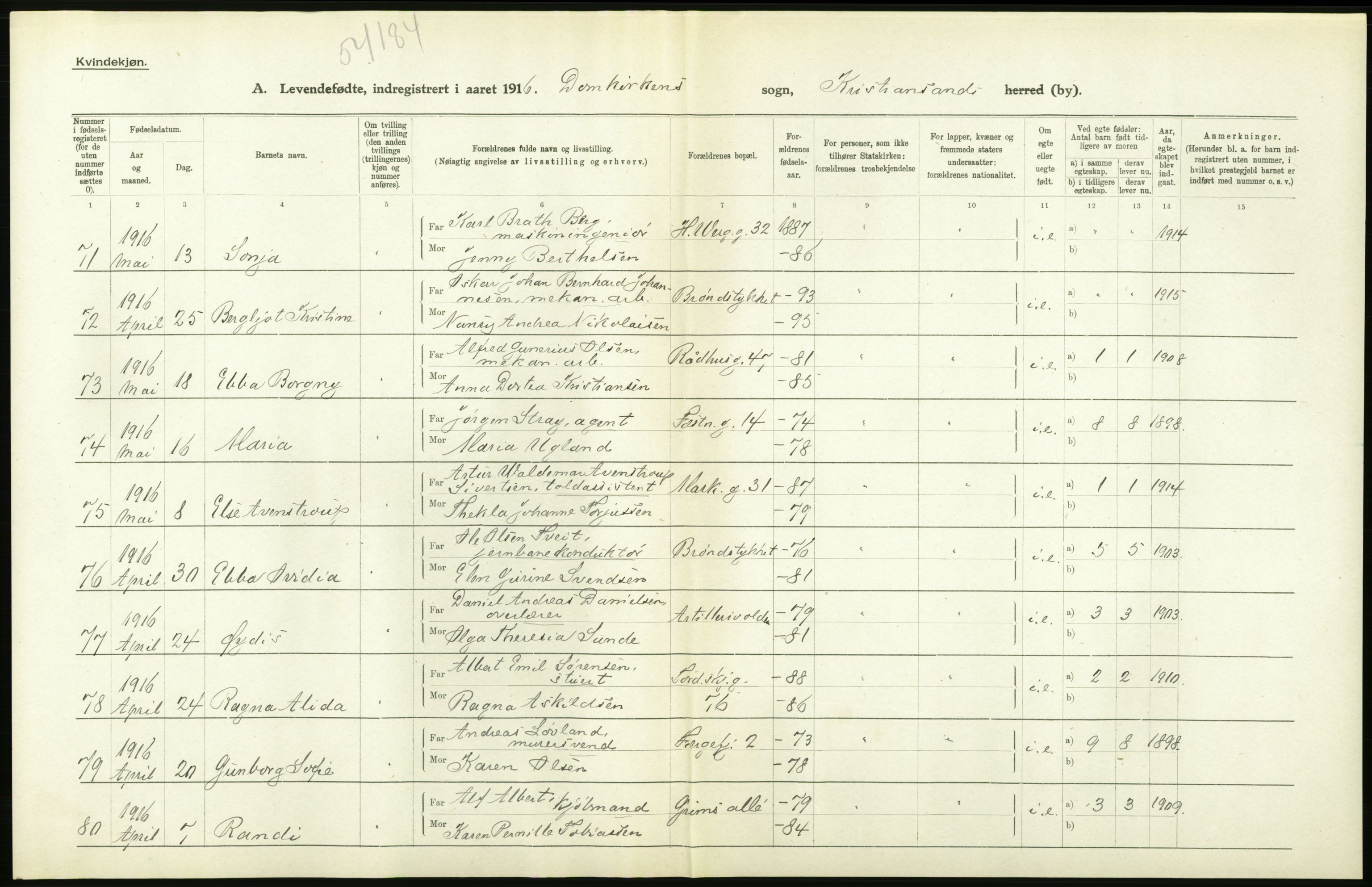 Statistisk sentralbyrå, Sosiodemografiske emner, Befolkning, AV/RA-S-2228/D/Df/Dfb/Dfbf/L0027: Lister og Mandals amt: Levendefødte menn og kvinner. Bygder og byer., 1916, p. 408