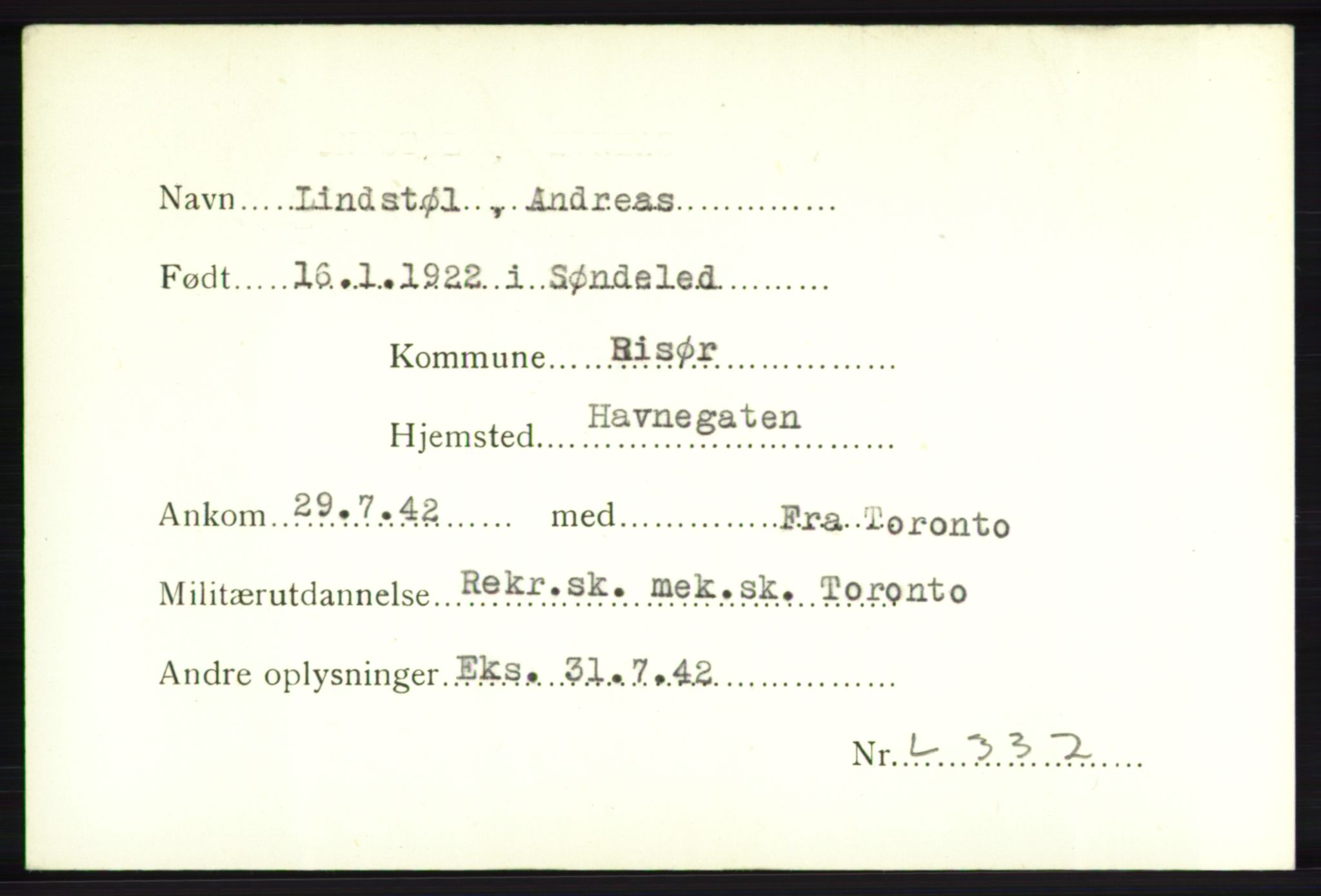 Forsvarets Overkommando. 2. kontor. Arkiv 8.1. Mottakersentralen FDE og FO.II, AV/RA-RAFA-6952/P/Pa/L0013: Lindstrøm - Midtgård , 1940-1945, p. 4