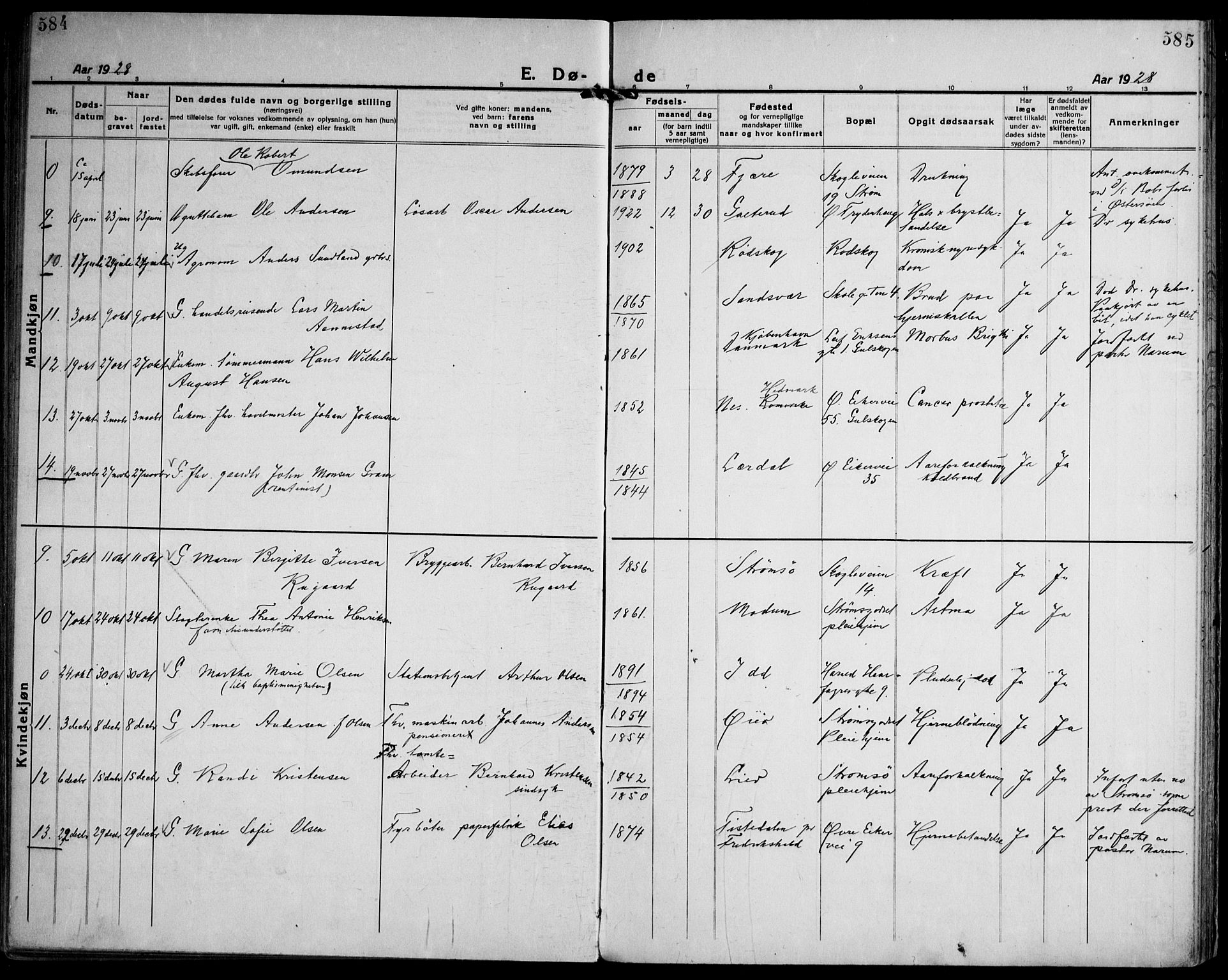 Strømsgodset kirkebøker, AV/SAKO-A-324/F/Fa/L0003: Parish register (official) no. 3, 1920-1936, p. 584-585