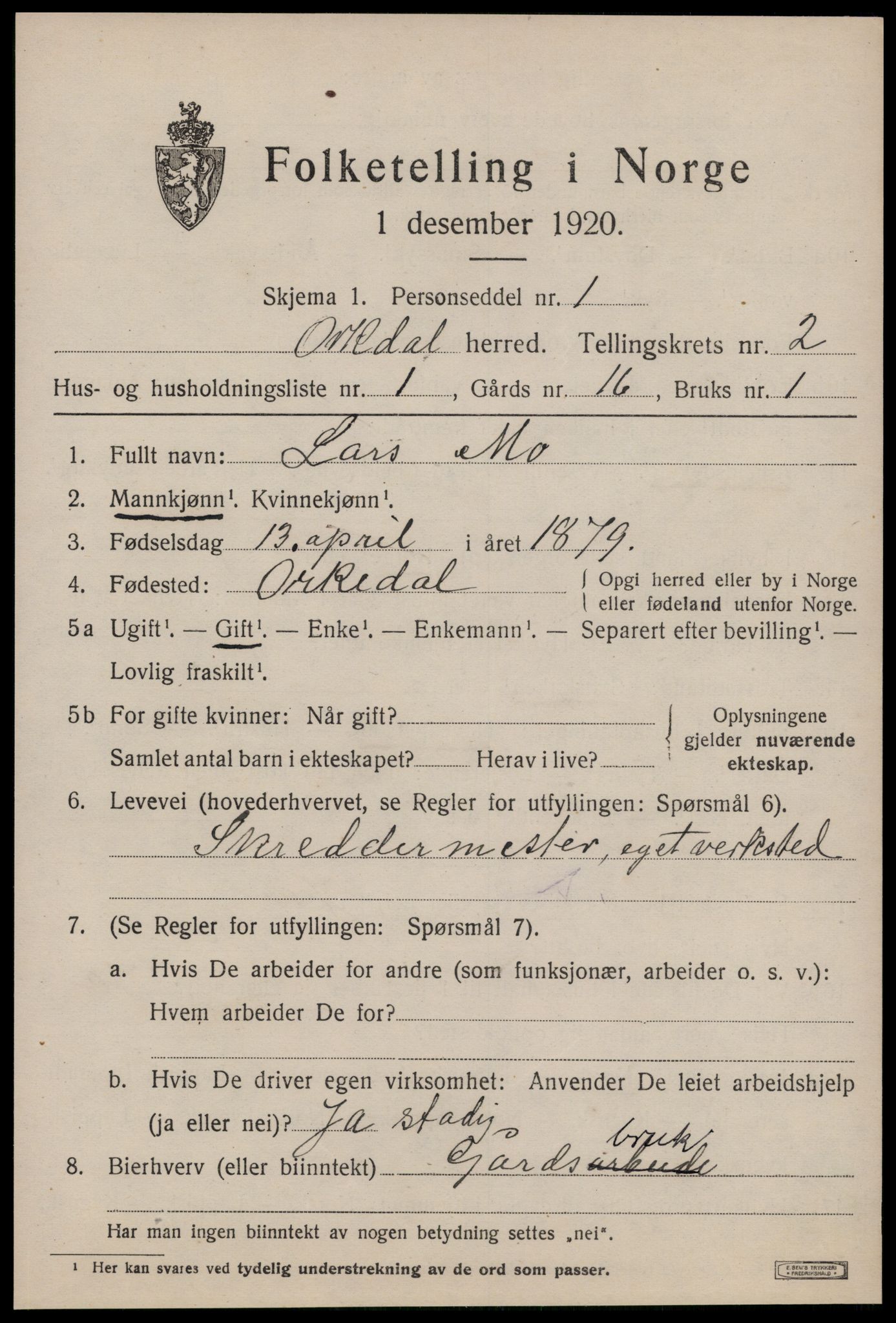 SAT, 1920 census for Orkdal, 1920, p. 2062