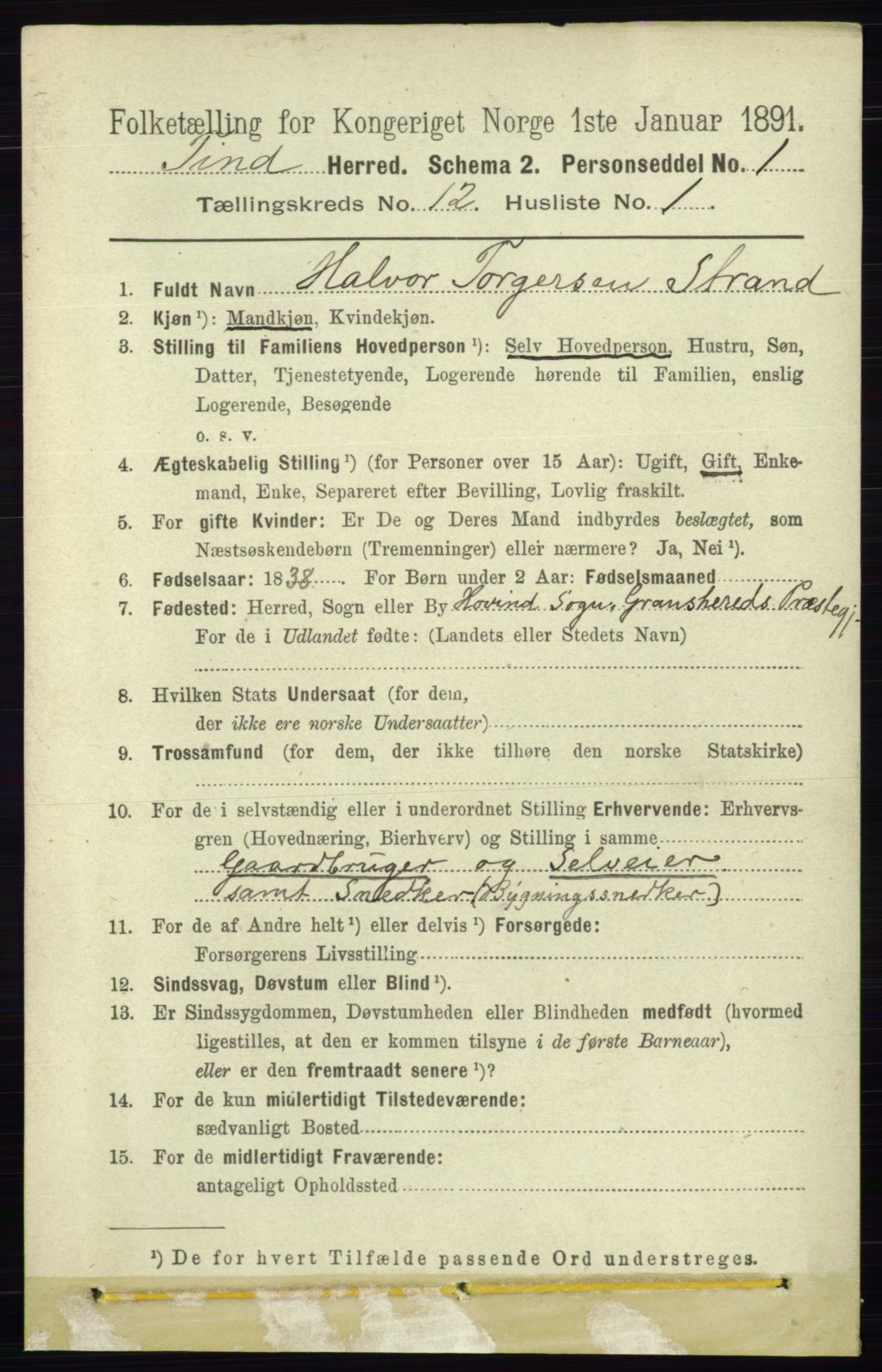 RA, 1891 census for 0826 Tinn, 1891, p. 2318